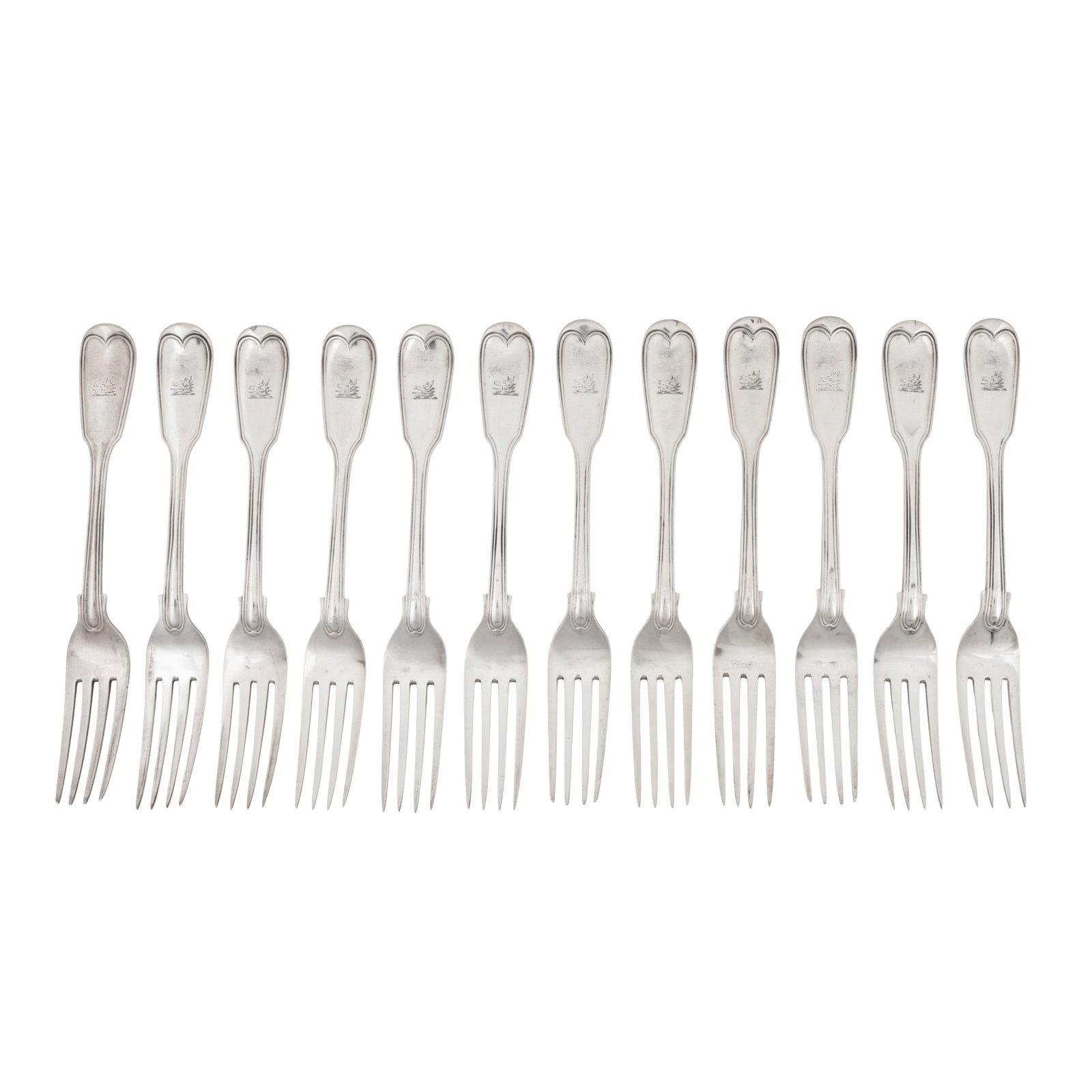 London 1860/61 by John Samuel Hunt A set of twelve Victorian sterling silver table forks: London 1860/61 by John Samuel Hunt A set of twelve Victorian sterling silver table forks Fiddle and Thread pattern, double struck, engraved to the front with a crest of a boar’s head erased. Each fu