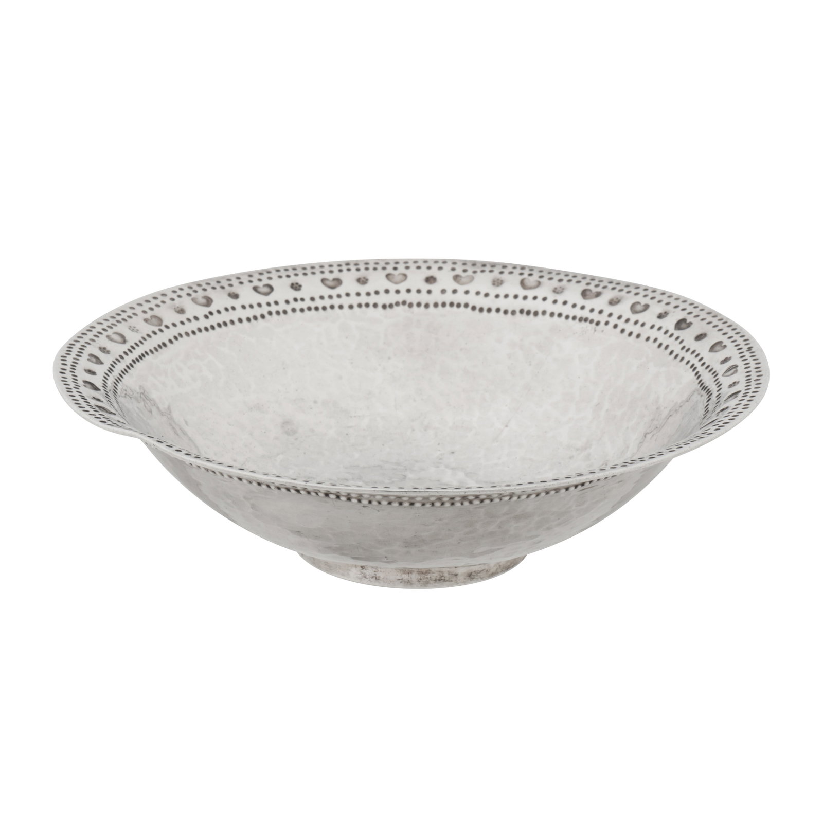 London 1931 by Phillip Frederick Alexander A George V ‘Arts and Crafts’ sterling silver bowl: London 1931 by Phillip Frederick Alexander A George V ‘Arts and Crafts’ sterling silver bowl Of rounded circular form upon a collet foot, the edge with a punch work border of hearts and cinquefoil