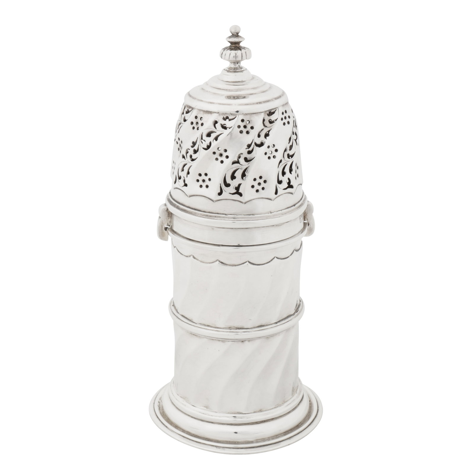 Chester 1895 by Nathan and Hayes A Victorian sterling silver sugar caster: Chester 1895 by Nathan and Hayes A Victorian sterling silver sugar caster Of cylindrical form with a spreading foot rim, the bayonet fitted lid surmounted by a fluted knop finial. Spirally fluted deco