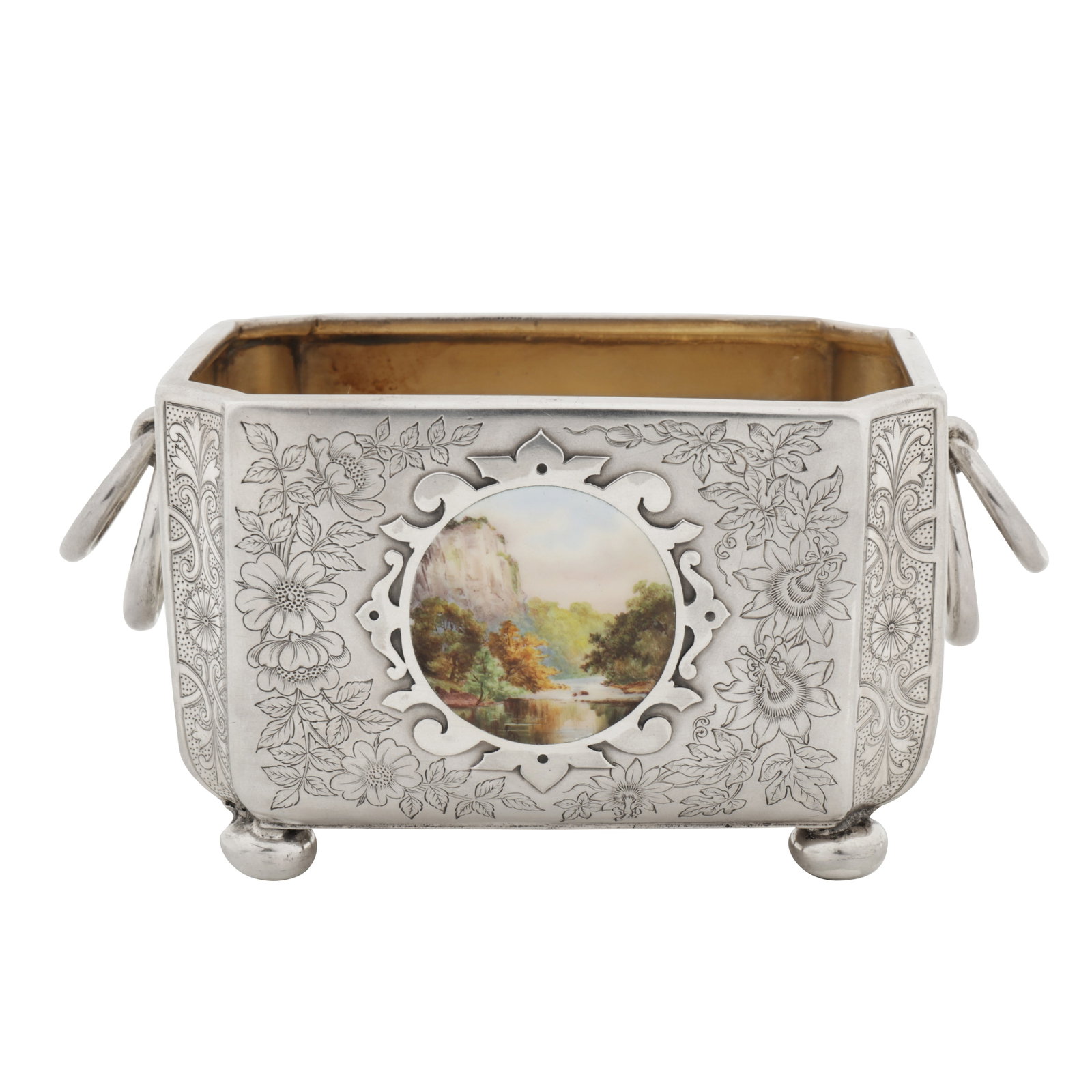 Birmingham 1886 by Elkington and Co A Victorian sterling silver and enamel sugar bowl: Birmingham 1886 by Elkington and Co A Victorian sterling silver and enamel sugar bowl Of rectangular form with incurved corners with affixed twin handles of twin loops, all raised upon four bun feet. 