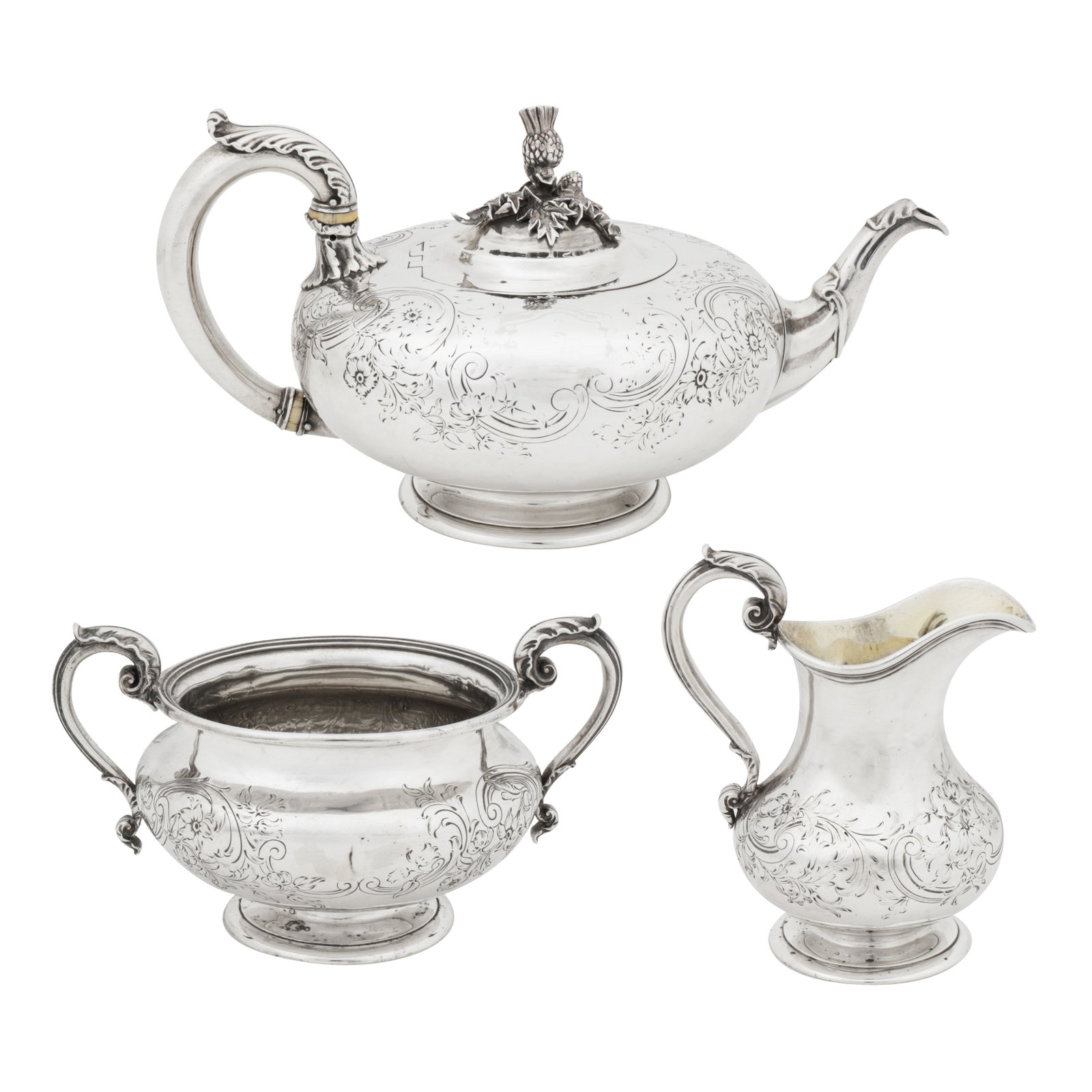 London 1836-37, and 1844 by Paul Storr, and John Samuel Hunt A William IV – Victorian assembled: London 1836-37, and 1844 by Paul Storr, and John Samuel Hunt A William IV – Victorian assembled sterling silver three-piece tea service Comprising a teapot (1836), a twin handled sugar bowl (1837), 