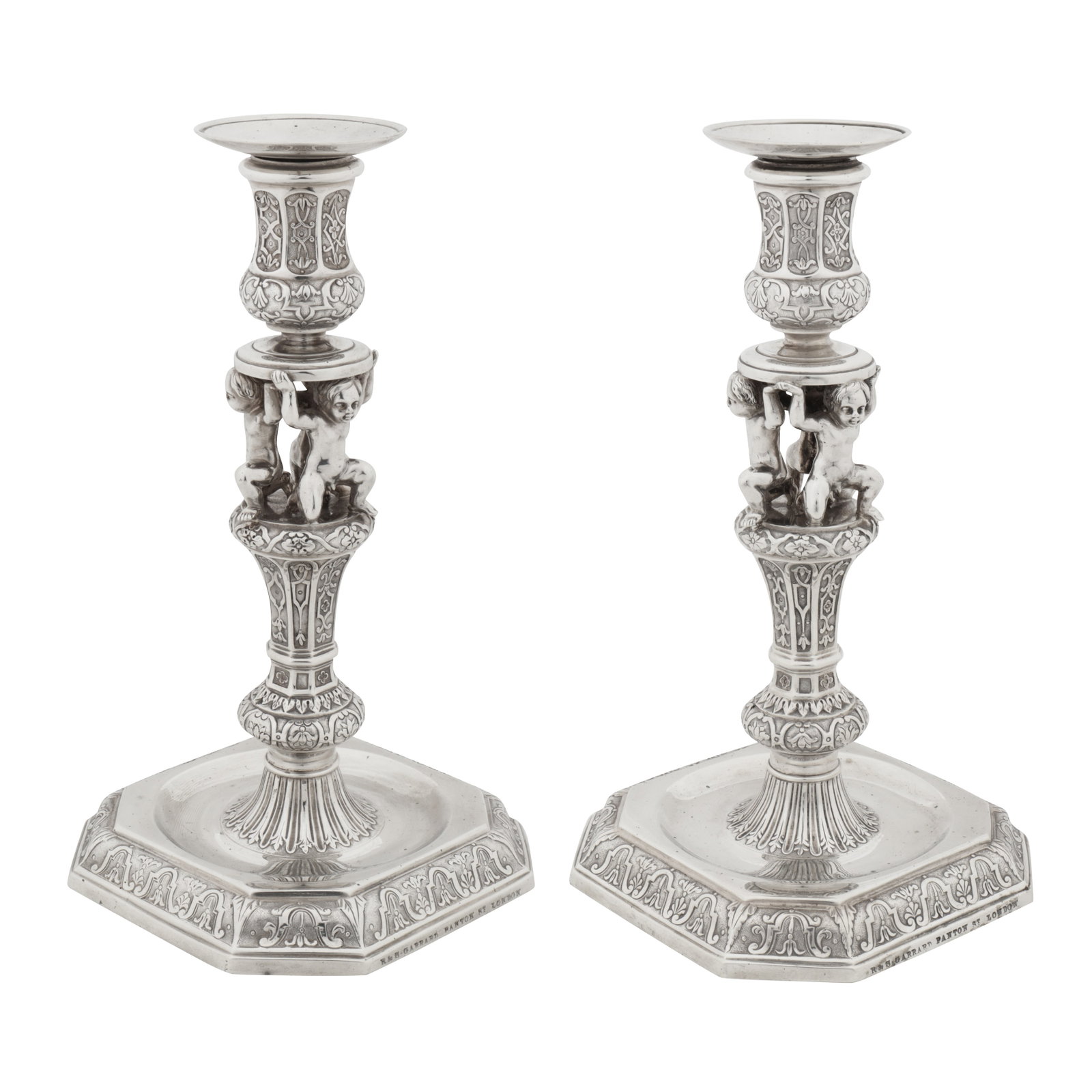 London 1850 by Robert Garrard II A pair of Victorian sterling silver candlesticks (1 of 7)