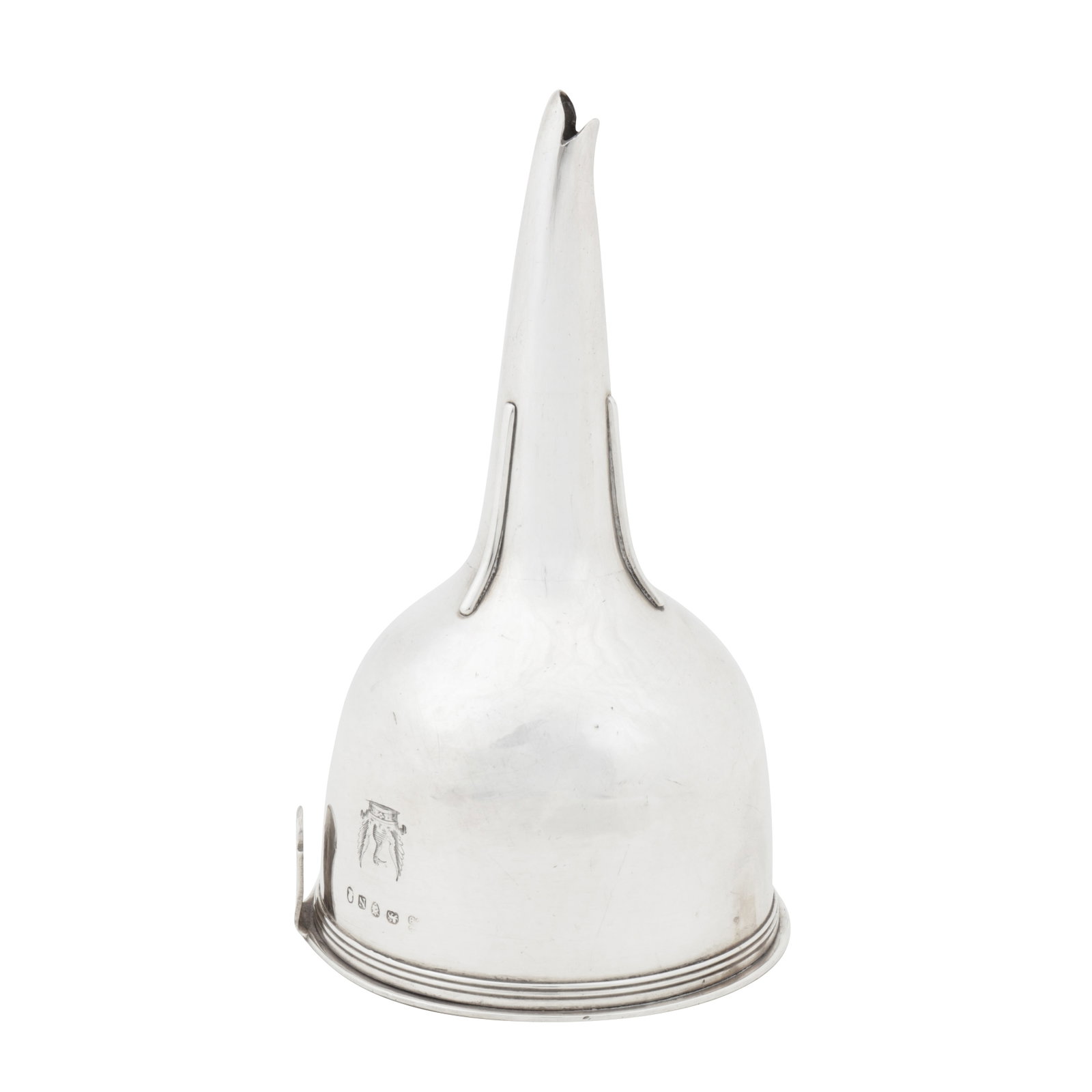 London 1808 by Rebecca Emes and Edward Barnard A George III sterling silver wine funnel: London 1808 by Rebecca Emes and Edward Barnard A George III sterling silver wine funnel Of rounded circular form with a pull-out strainer section with reeded rim and side clip, each engraved to the si