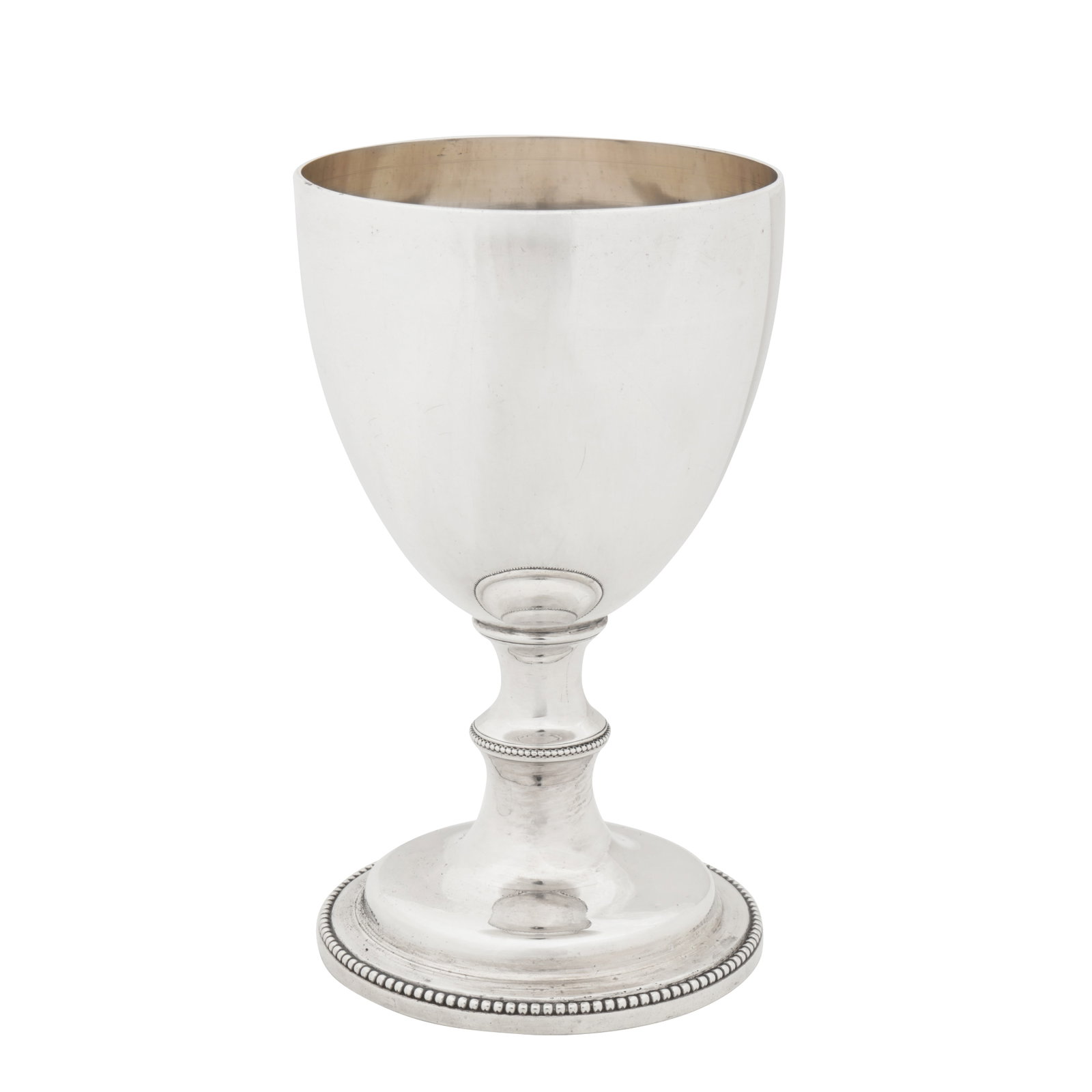 Edinburgh 1785, no maker’s mark A George III Scottish sterling silver wine goblet: Edinburgh 1785, no maker’s mark A George III Scottish sterling silver wine goblet Of rounded circular form upon a spreading circular foot with a beaded edge and central knop. Engraved underneath wit
