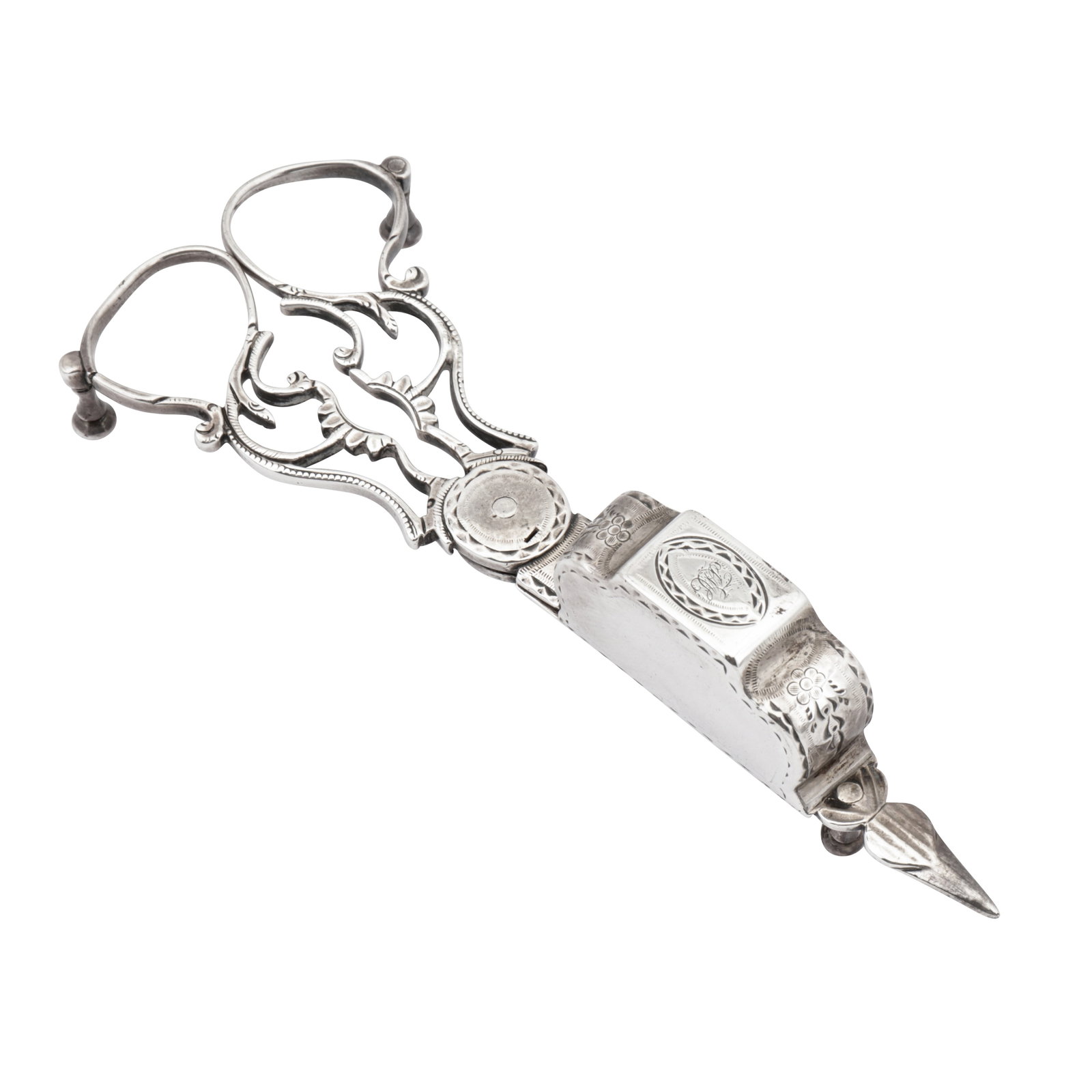 London 1783 by John Booth A pair of George III sterling silver wick trimmer or candle snuffers: London 1783 by John Booth A pair of George III sterling silver wick trimmer or candle snuffers Open work handles, bright cut engraved decoration, the box section with an elliptical cartouche engraved 