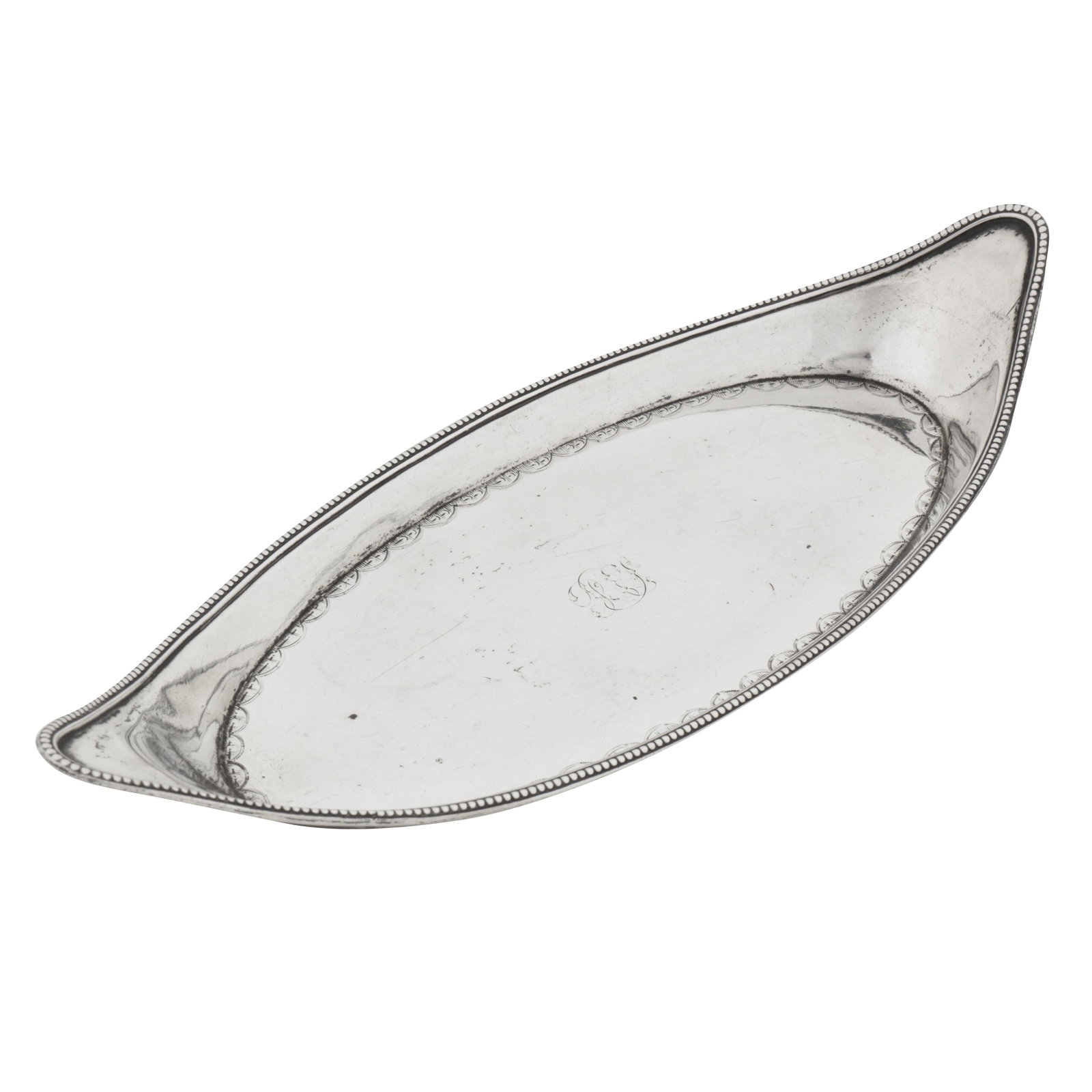 London 1784 by William Abdy I A George III sterling silver snuffers tray: London 1784 by William Abdy I A George III sterling silver snuffers tray Of oval navette form with a beaded rim, a bright cut engraved border of lunettes, the filed centre contemporaneously engraved w