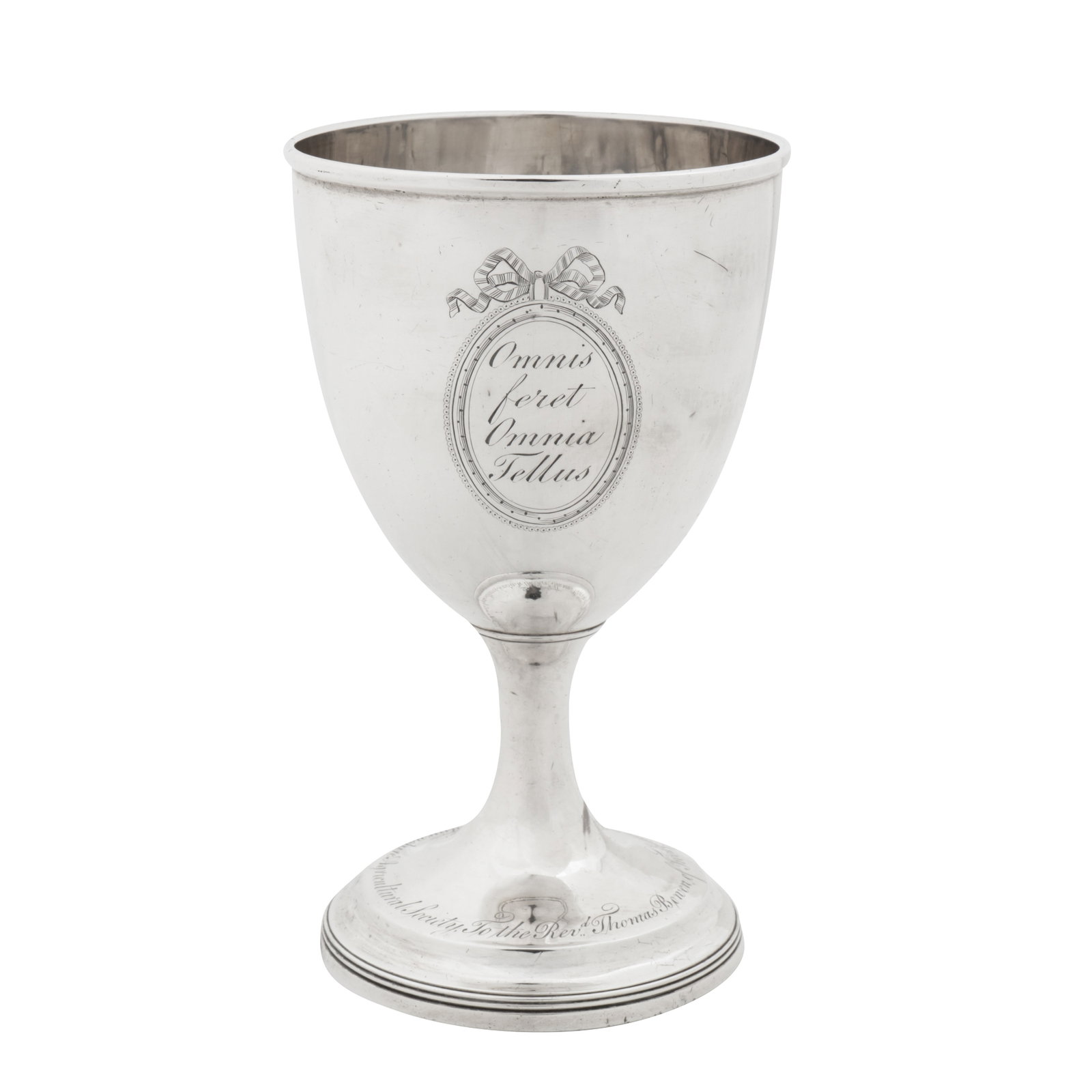 Welsh interest – London1800 by William Frisbee A George III sterling silver wine goblet: Welsh interest – London1800 by William Frisbee A George III sterling silver wine goblet Of rounded circular form with a moulded rim all upon a pedestal circular base with a reeded rim. The side engr