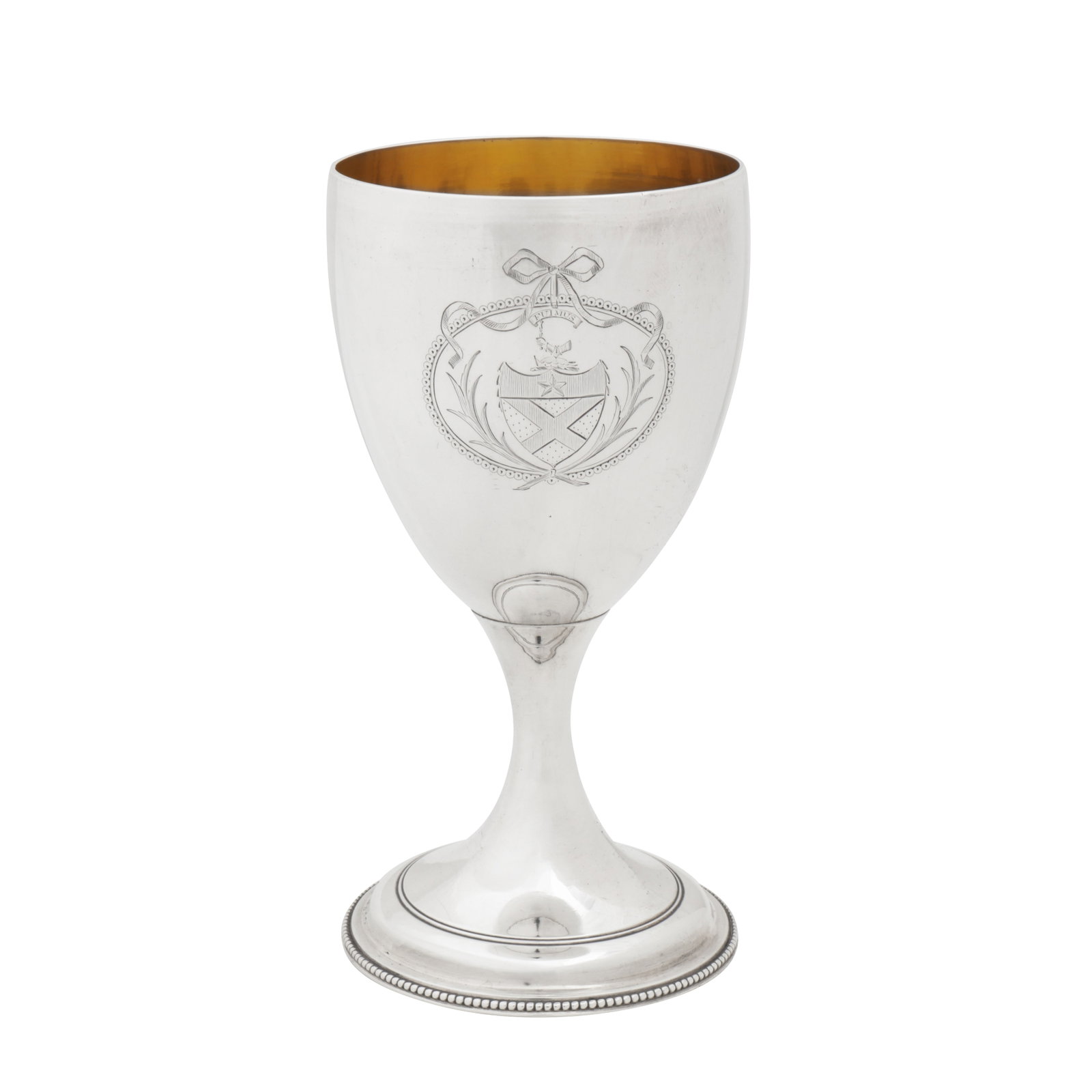 London 1782 by Walter Brind A George III sterling silver goblet: London 1782 by Walter Brind A George III sterling silver goblet Of rounded circular form upon a pedestal circular base with beaded rims. Engraved to the side with a coat of arms surmounted by a crest 