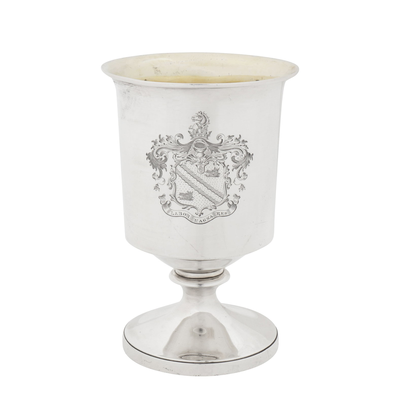 London 1809 by Rebecca Emes and Edeward Barnard A George III sterling silver goblet: London 1809 by Rebecca Emes and Edeward Barnard A George III sterling silver goblet Of plain cylindrical form with an everted moulded rim, raised upon a pedestal circular foot. The body later engraved
