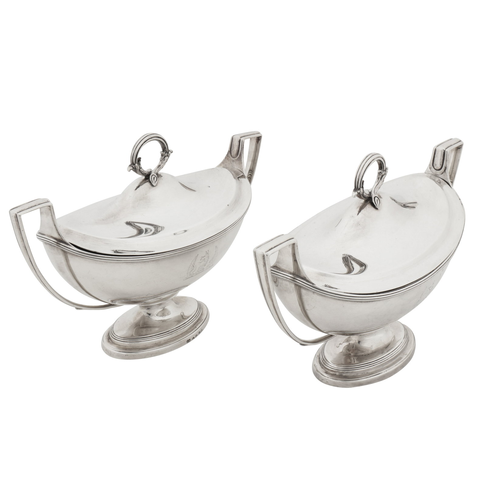 London 1799 by Paul Storr (1771 - 1844, reg. 12th Jan 1793) A pair of George III sterling silver: London 1799 by Paul Storr (1771 - 1844, reg. 12th Jan 1793) A pair of George III sterling silver sauce tureens Of oval form with moulded twin handles upon a pedestal oval foot, reeded rims, the pull o