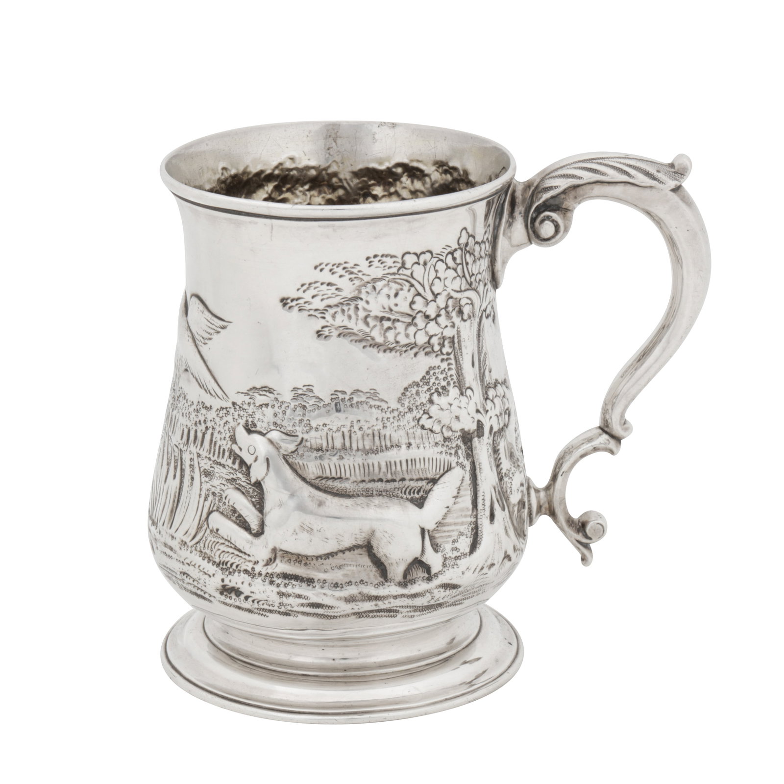 London 1757 by Francis Crump (first reg. 9th Nov 1741) A George II sterling silver pint mug: London 1757 by Francis Crump (first reg. 9th Nov 1741) A George II sterling silver pint mug Of baluster form upon a spreading circular foot, an acanthus capped double C scroll handle. The body with la