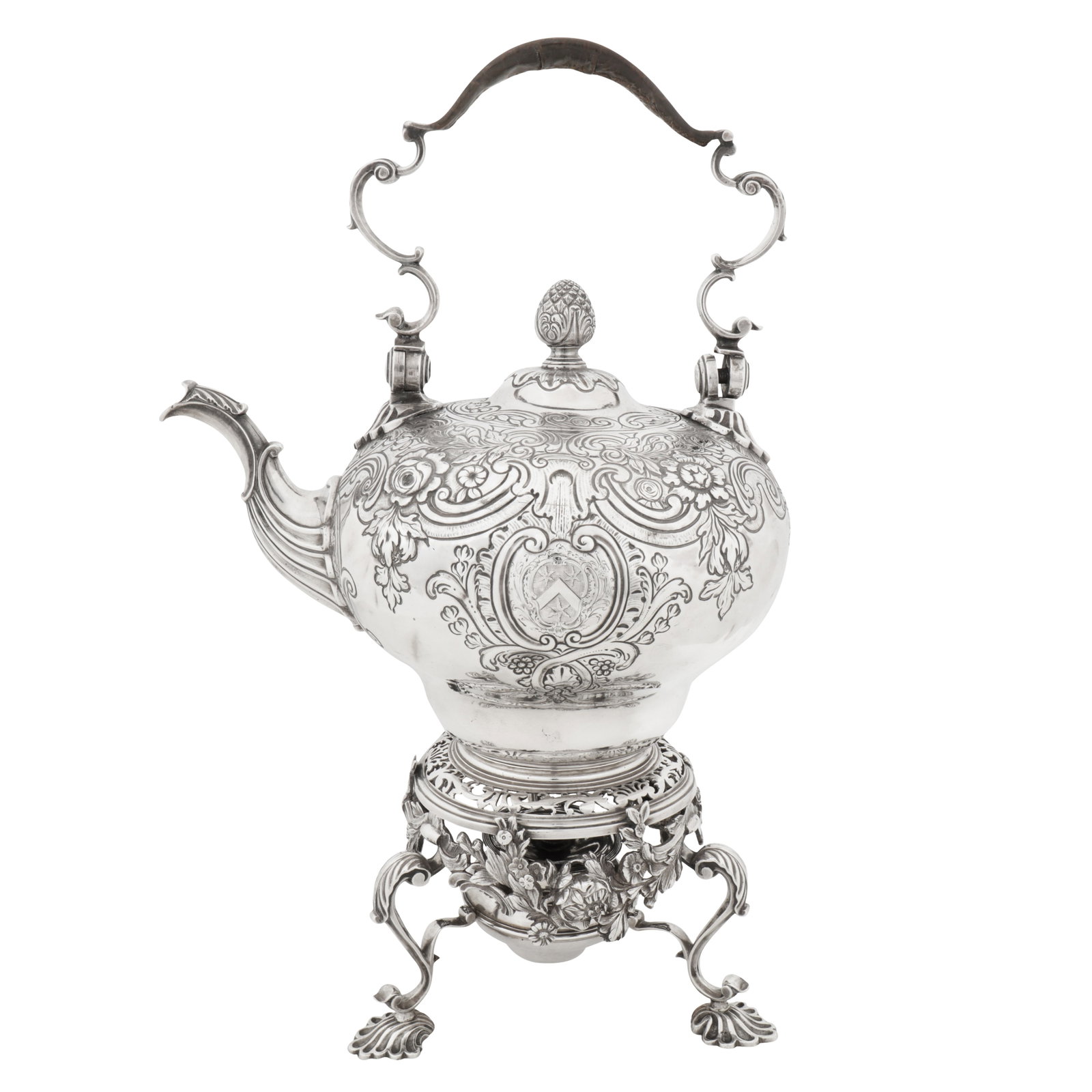 London 1747 by Thomas Gilpin (this mark reg. 2nd July 1739) A George II sterling silver kettle on: London 1747 by Thomas Gilpin (this mark reg. 2nd July 1739) A George II sterling silver kettle on burner stand Of inverted baluster form with a shell capped spout with a double scroll swing handle wit