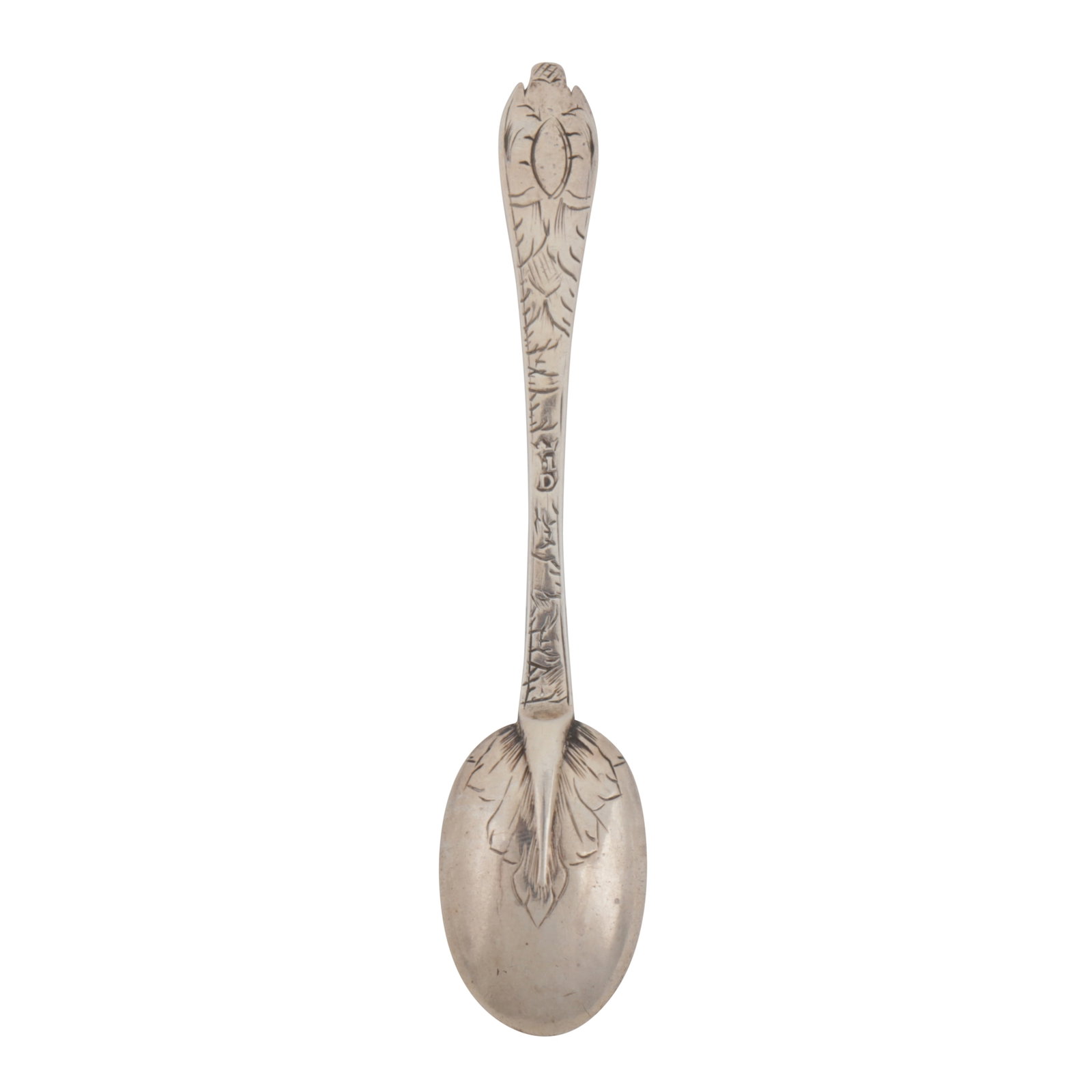 London circa 1690 by ? L over D crowned A William and Mary silver teaspoon: London circa 1690 by ? L over D crowned A William and Mary silver teaspoon Trefid pattern, engraved foliate decoration, the terminal reverse with a vacant cartouche, the front with a face. Maker’s m
