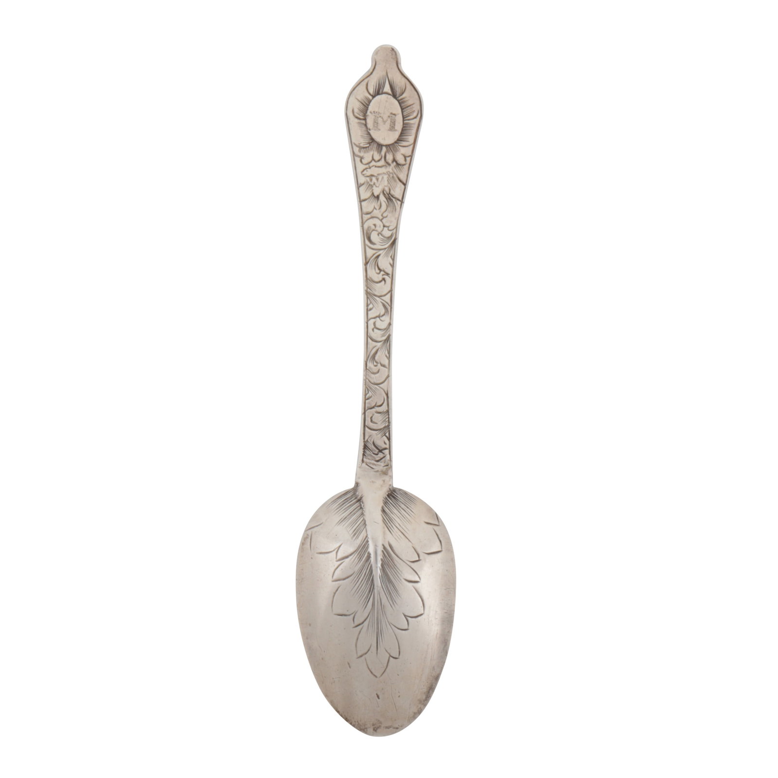 London circa 1695 by WI a fish above A William III silver teaspoon: London circa 1695 by WI a fish above A William III silver teaspoon Dog nose pattern, engraved foliate decoration, the terminal cartouche contemporaneously prick dot engraved with an initial M to each 