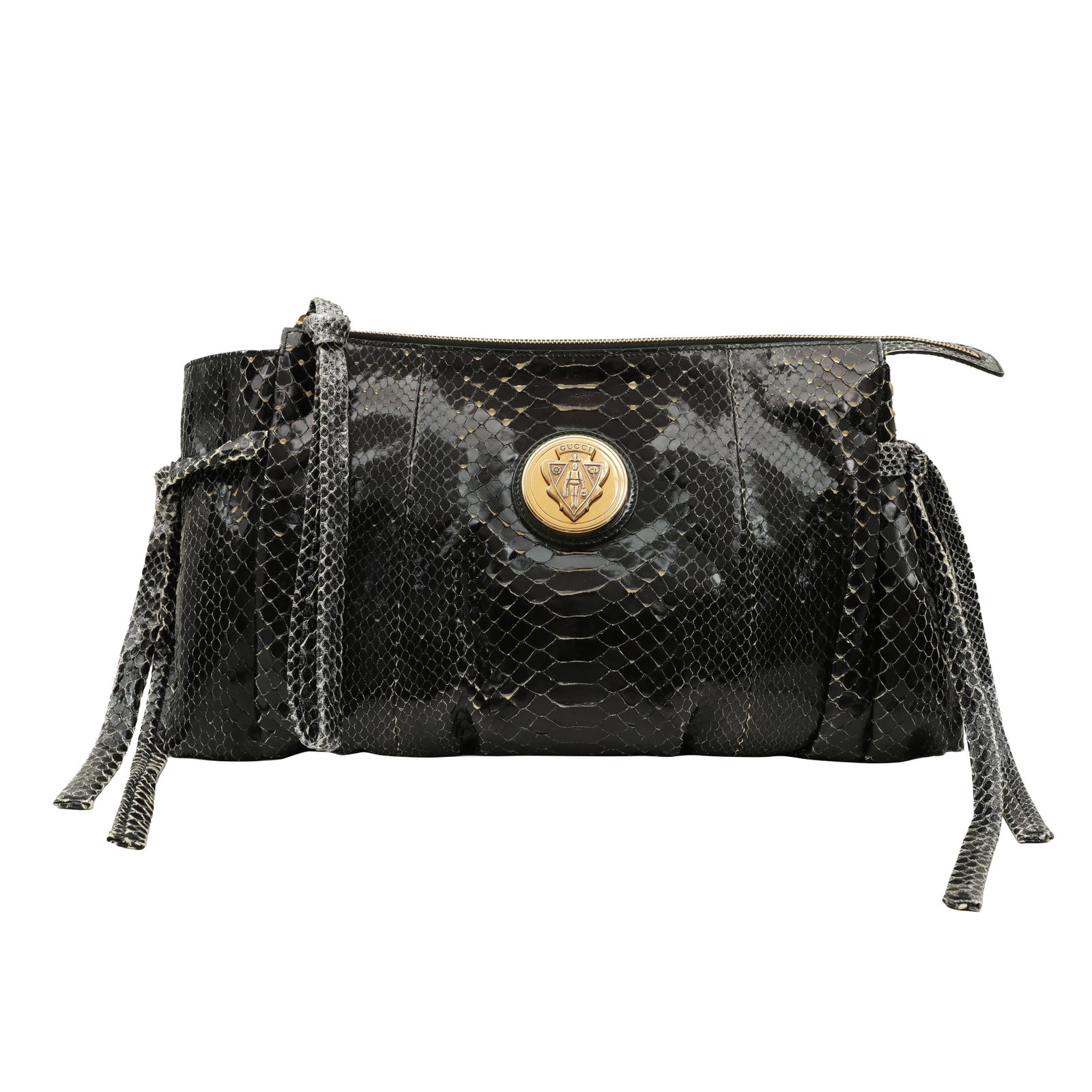 λ Gucci Black Python Hysteria Clutch: λ Gucci Black Python Hysteria Clutch black and silver back, gold tone hardware 39 w x 22 h x 5 d cm Serial code (197015 2123) Includes LegitGrails authentication certificate and dustbag Grade B-
