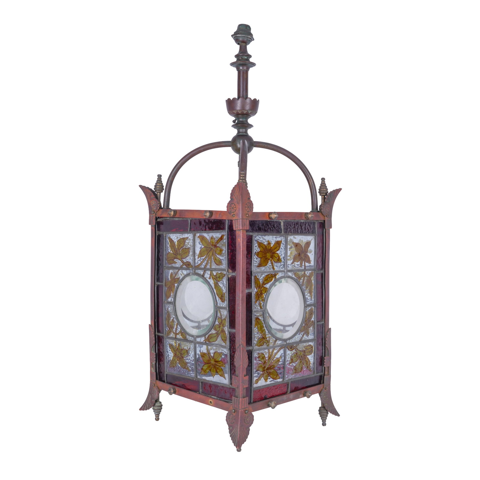Aesthetic Movement Large gas hall lantern with Owen Jones type motifs: Circa 1880 Brass, lead frame, clear glass painted with leaves Unmarked Overall 79cm high (each panel of glass approximately 33cm x 23cm) Not wired for electricity