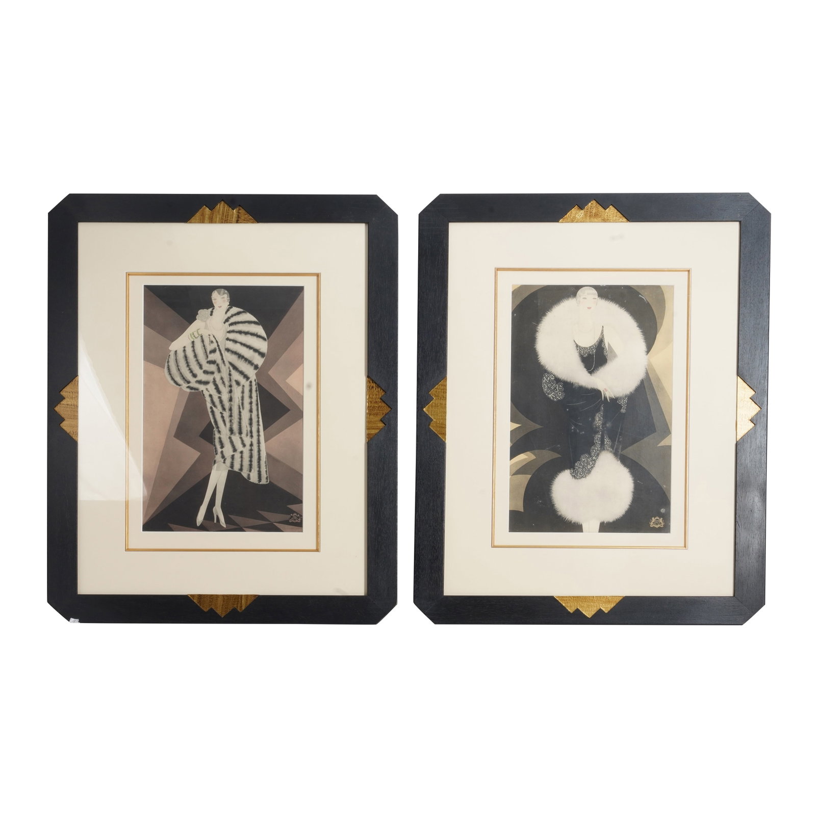 Reynaldo Luza (Peruvian 1893-1978), printed by Draeger for the Maison de Fourrure Revillon Freres: Published 1927, contemporary frames Coloured lithographic print on paper, hand-coloured highlights, wooden frame Revillon Freres stamp lower right, framing label verso Print: 39 x 24cm (frame: 68.5 x 