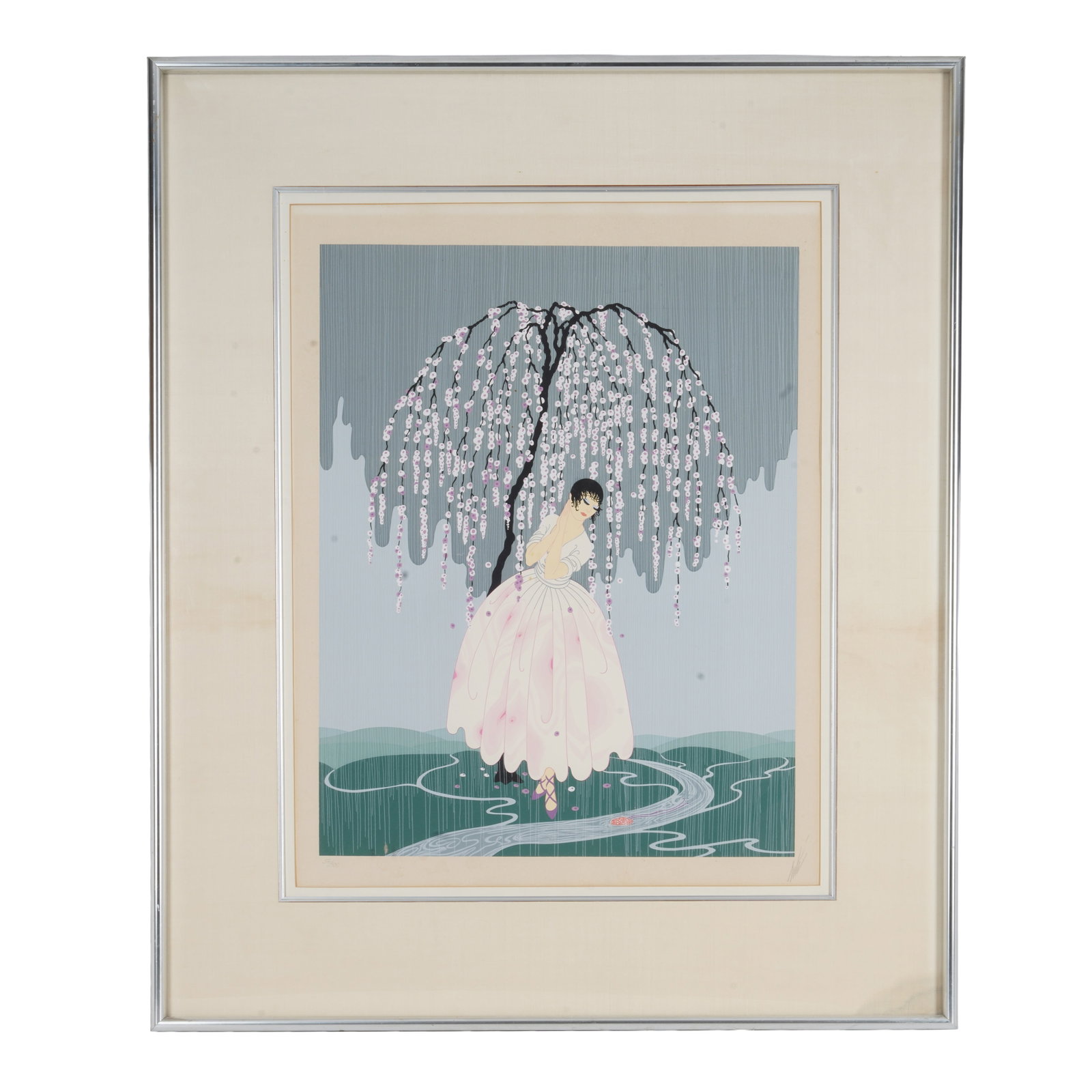 Erte (Romain de Tirtoff) (Russian/French 1892-1990) 'Blossom Umbrella' print, edition 58/300, framed: Circa 1979 Signed in pencil lower right mount and numbered lower left 68 x 51cm (frame: 96.5 x 78cm)