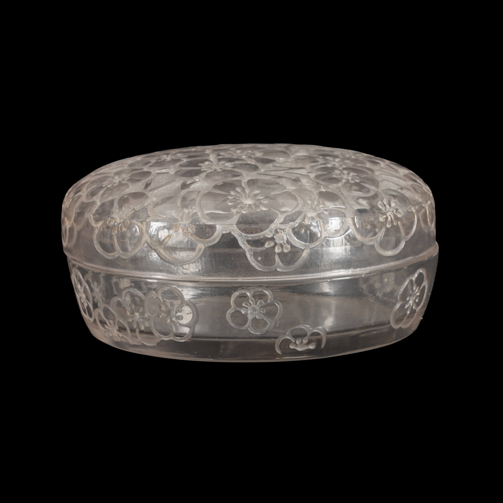 Rene Lalique (France 1860-1945) 'Emiliane' box and cover: Designed 1920 Frosted and clear glass Etched R Lalique, France No. 70 4cm high x 9cm diameter