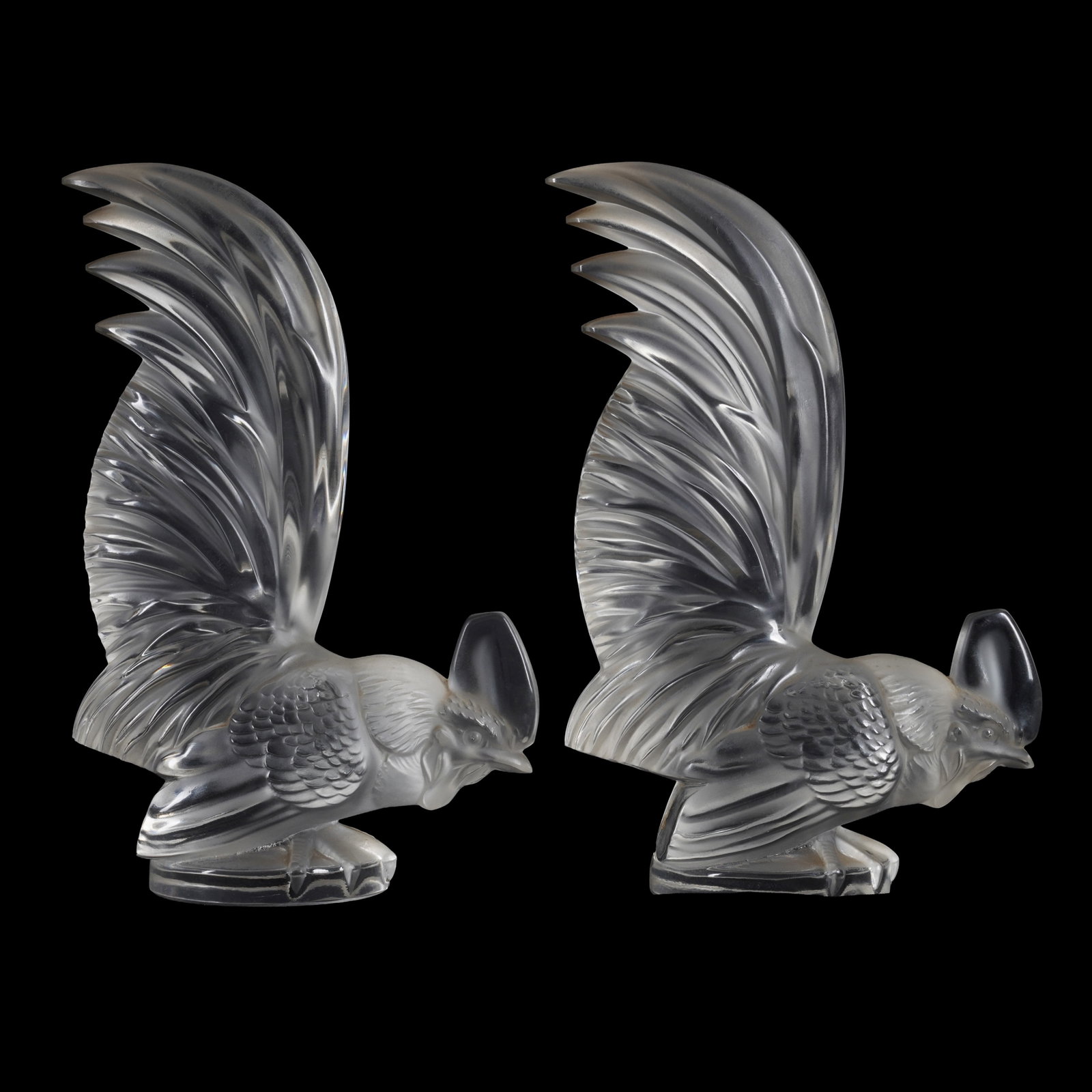 Lalique, France Pair of 'Coq Nain' Mascots: Designed 1928, this model later Frosted glass Etched Lalique, France to underside 21cm high
