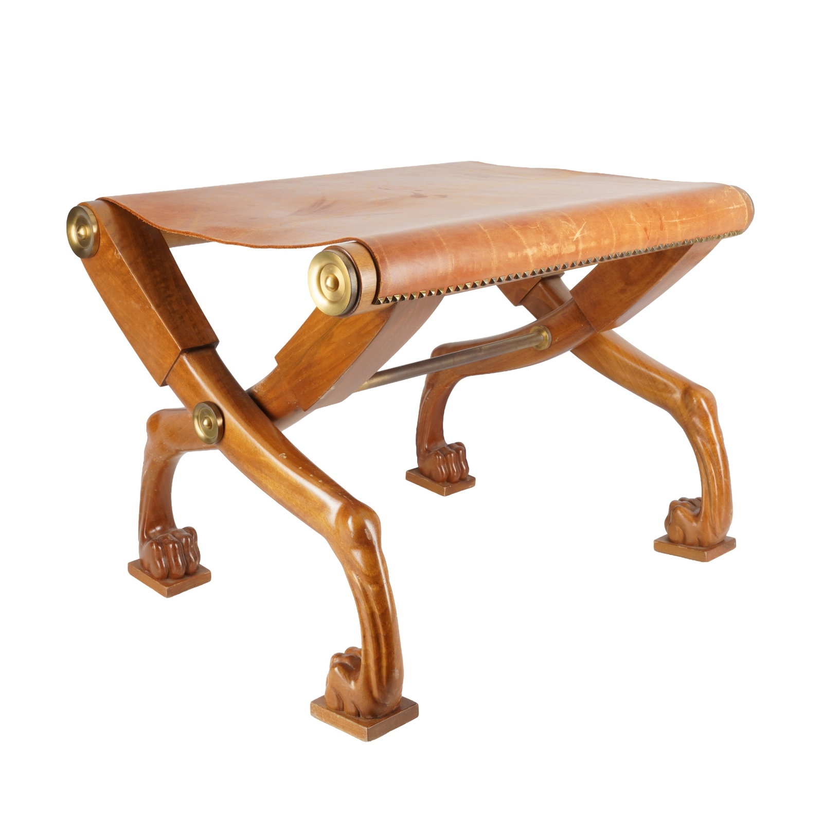 T.H. Robsjohn-Gibbings (British 1905?1976) for Saridis of Athens Diphros cross-leg stool: 1996 Walnut, leather, brass Applied plaque to underside 43cm high x 57cm wide x 41cm deep