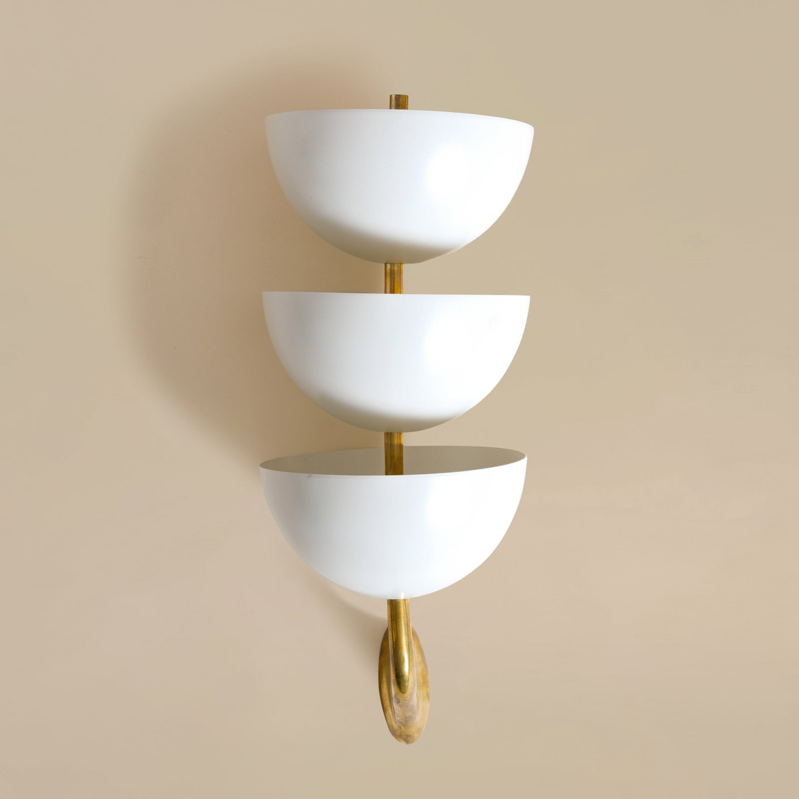 Stilnovo, Italy Triple Cup Sconce: 1960s Enamelled metal, brass 48cm long Provenance: From a Distinguished Private International Collection Purchased by interior designer Studio Shamshiri (USA), 2022