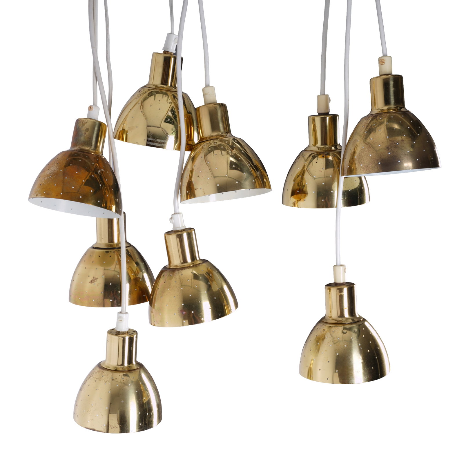 Hans-Agne Jakobsson (Swedish 1919-2009) for Markaryd, Sweden Set of 10 Pendant Lights: 1960s Polished brass, enamelled metal Pendants 11cm high x 11cm diameter Provenance: From a Distinguished Private International Collection Annmaris, March 2021