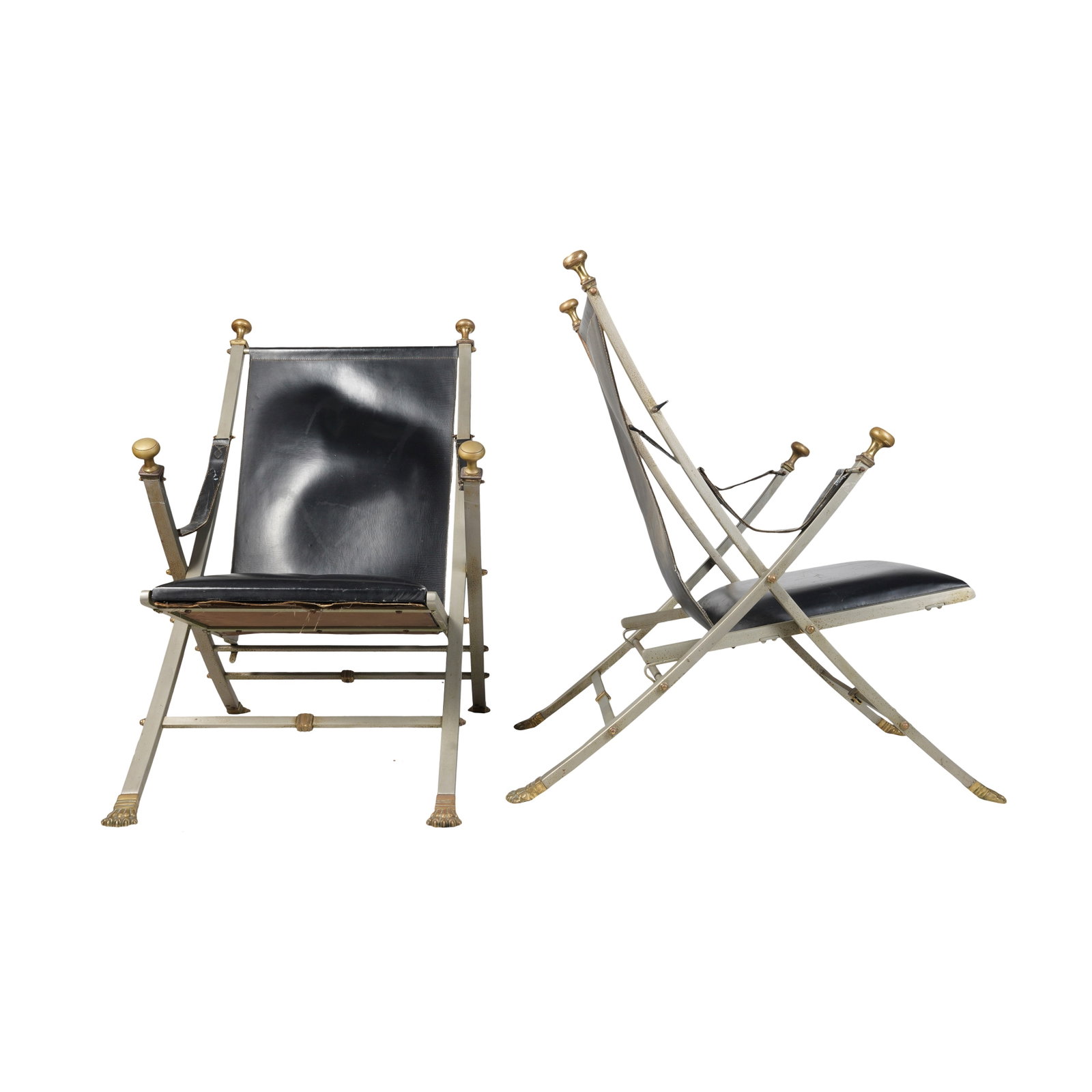 Otto Parzinger for Maison Jansen Two campaign chairs: Circa 1960s Brushed steel, bronze, leather 92cm high x 58cm wide x 91cm deep