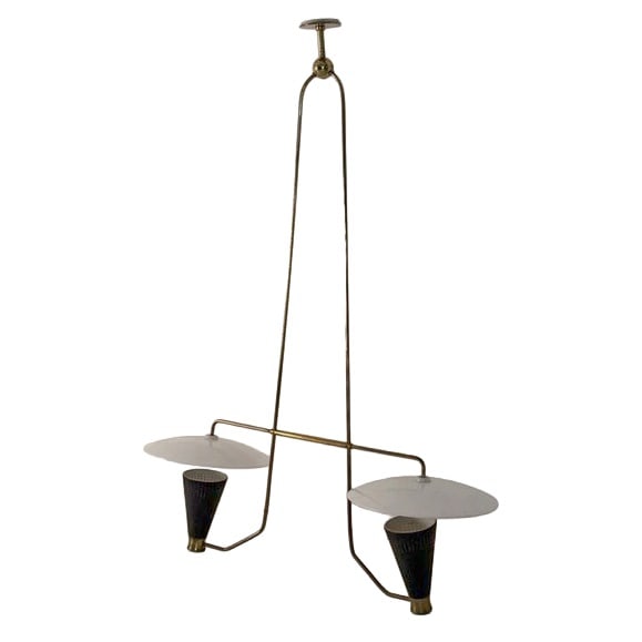J.M. Barnicot (British) for Falk Stadelmann & Co Limited Ceiling Lamp or Pendant: 1950s Brass, lacquered steel 120cm high x 90cm wide x 31cm deep Literature Reference to a large wall light from the same family of lights in the Charlotte & Peter Fiell 50s Decorative Arts book