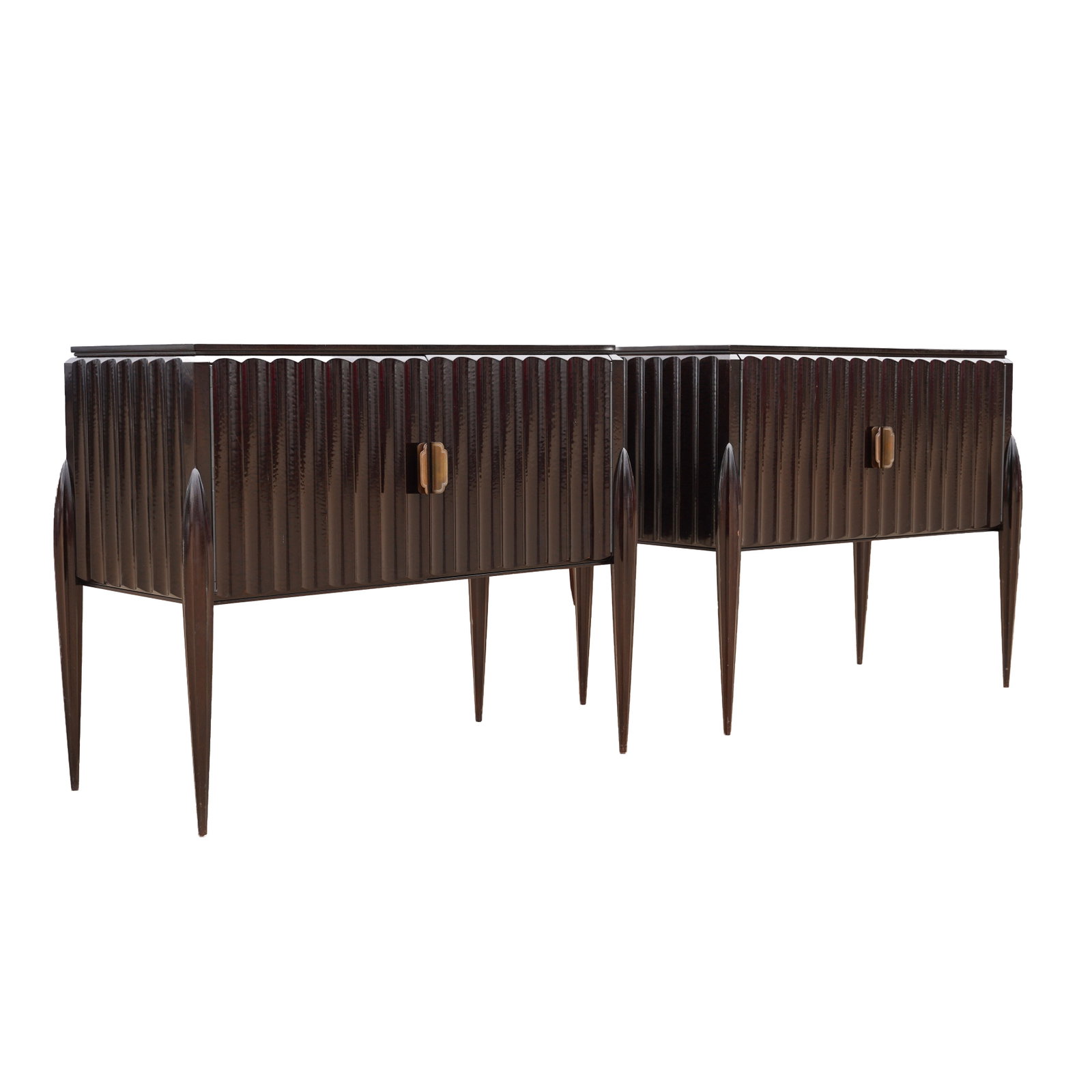 In the manner of Osvaldo Borsani, Italian Pair of sideboards: Contemporary Fluted ebonised wood, brass, glass Unmarked 89cm high x 102cm wide x 51cm deep