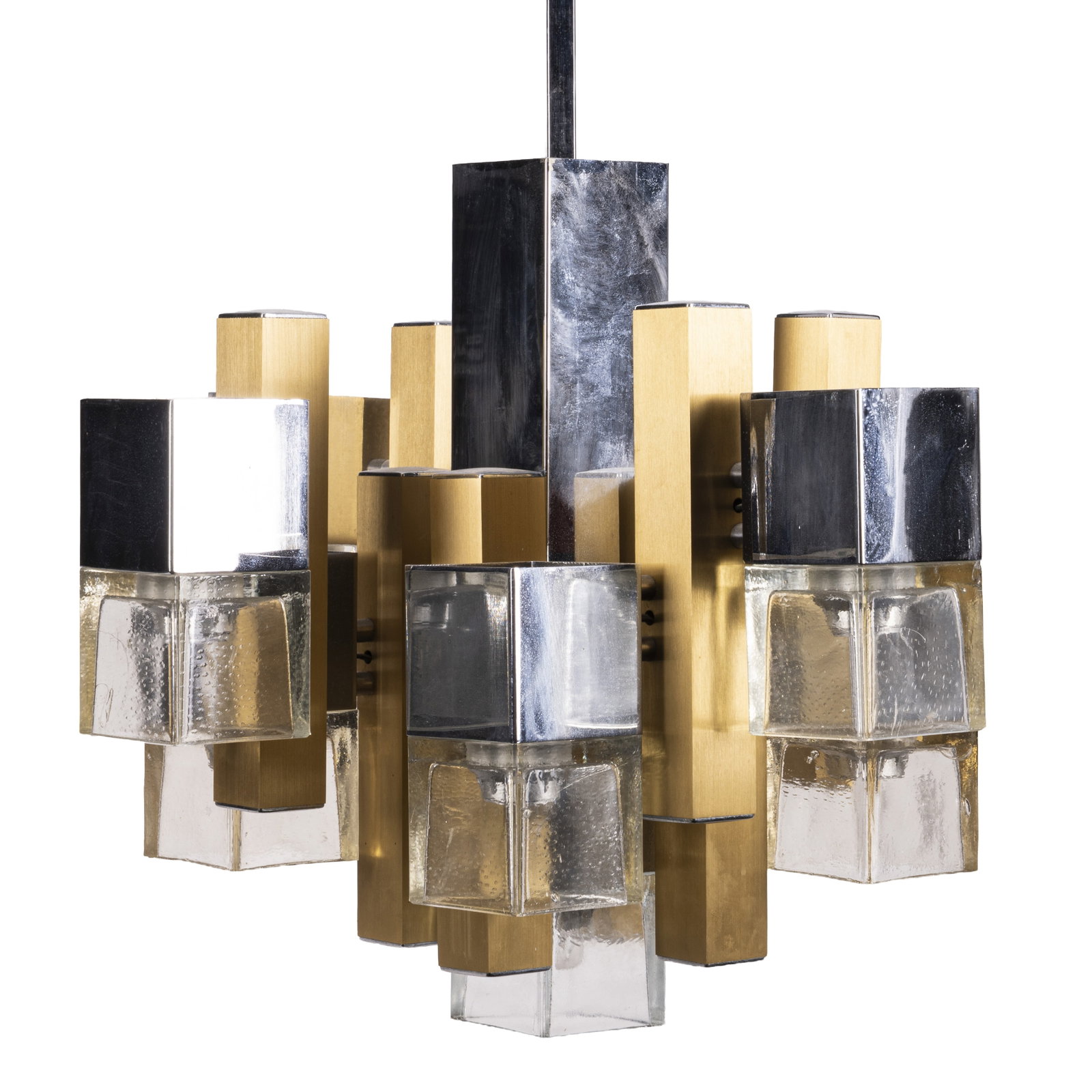 Gaetano Sciolari (Italian 1927-1994) for Stilkronen Brutalist 'Cubic' Chandelier: 1970s Chromed metal, brass, glass Unmarked 94cm drop x 54cm wide