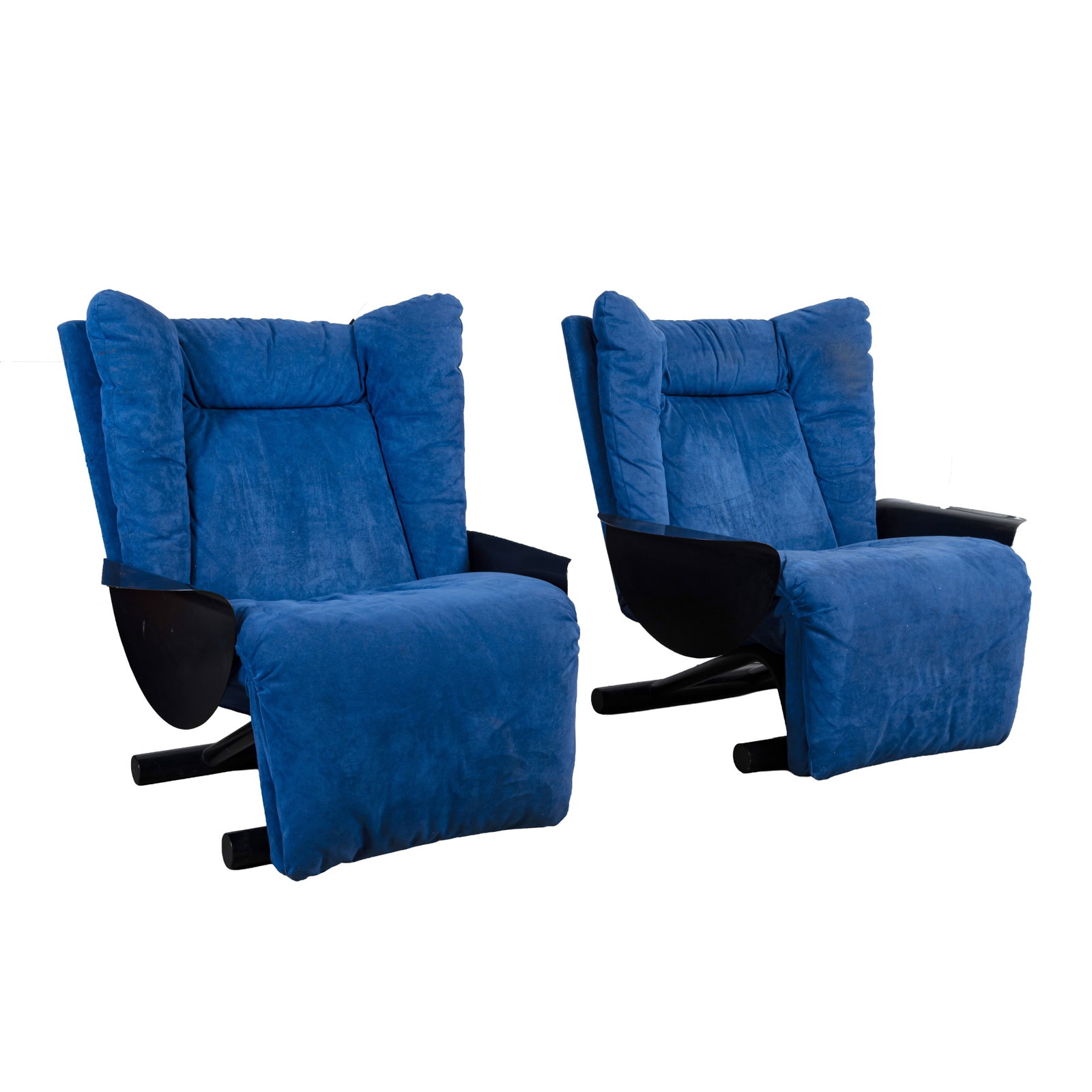 Cinova, Italy Pair of reclining armchairs: Circa 1980s Blue Alcantara leather, enamelled metal Unmarked 100cm high x 99cm wide x 150cm deep (extended)