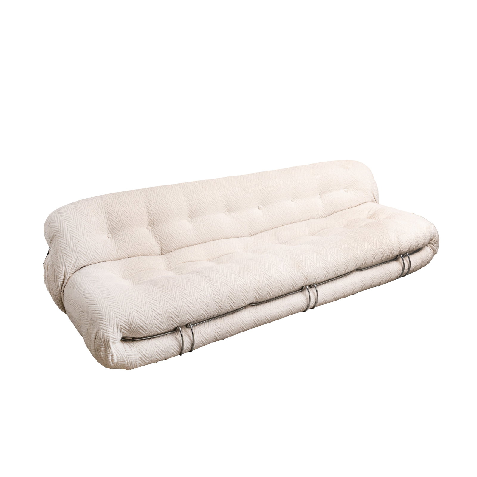 Arfa (1937-2011) and Tobia Scarpa (b.1935) for Cassina, Italy 'Soriana' Sofa: 1970 Oatmeal upholstery, chrome-plated steel, plastic 66cm high x 165cm wide x 100cm deep