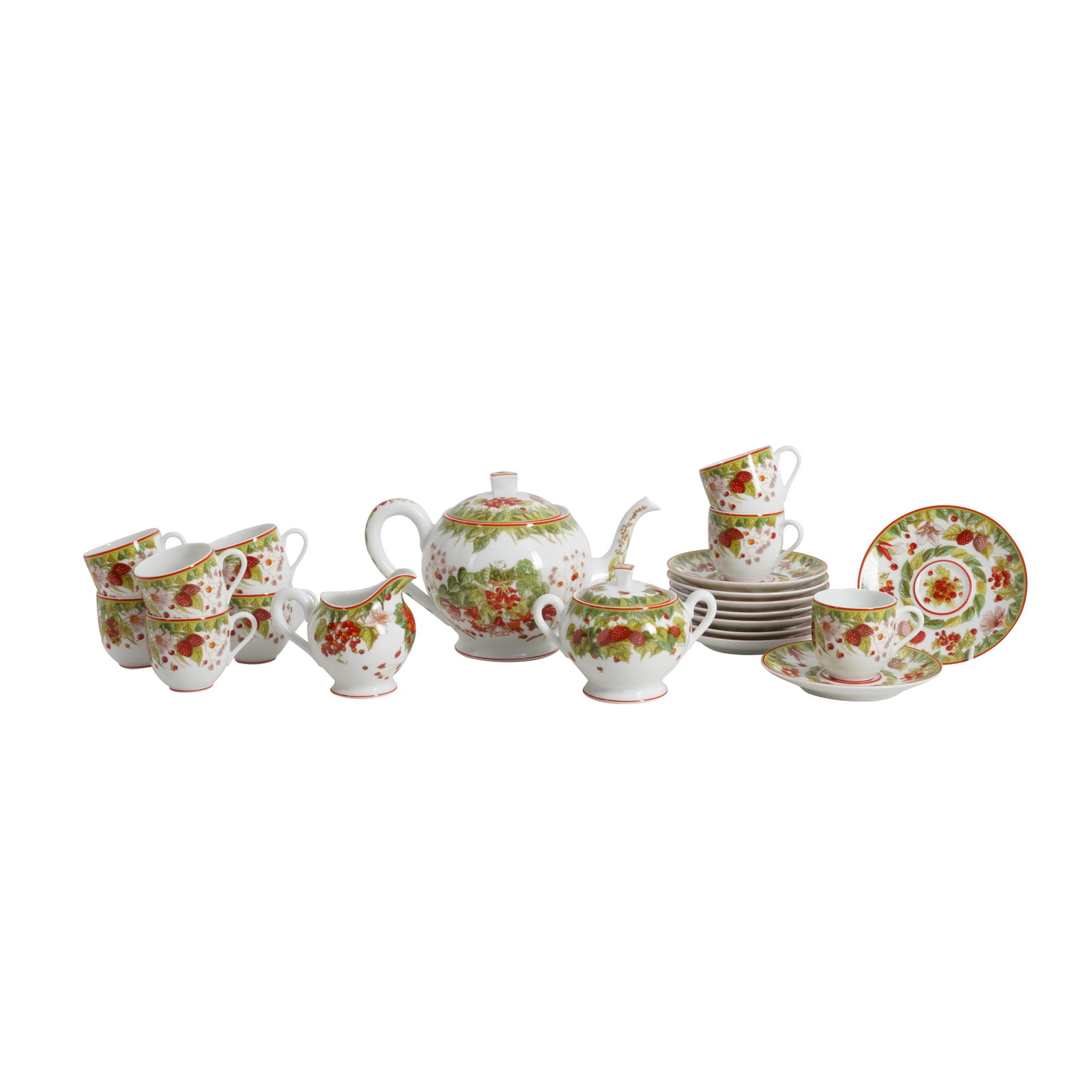 Hermes, Paris 'Le Jardin de Pythagore' tea service: To comprise a teapot, sugar, milk jug and 9 teacups and saucers Porcelain Printed marks to undersides Teapot: 15cm high, cups: 6cm high, saucers: 13cm diameter (21)