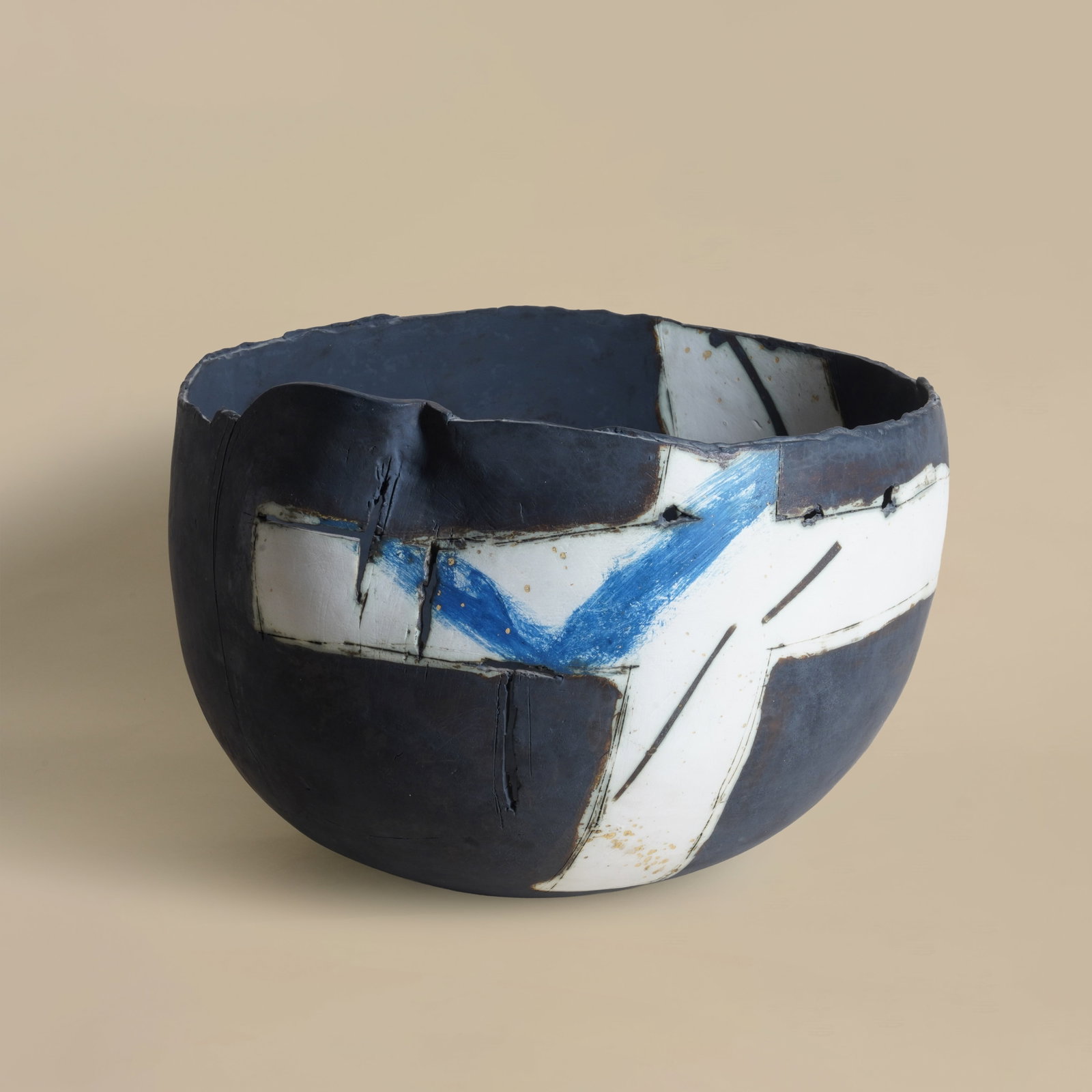 Gordon Baldwin (British 1932-2025) Large painted and pierced bowl sculpture: 1986 Earthenware, painted slip Underside painted 'GB 86' 32.5cm diameter, 24.5cm high