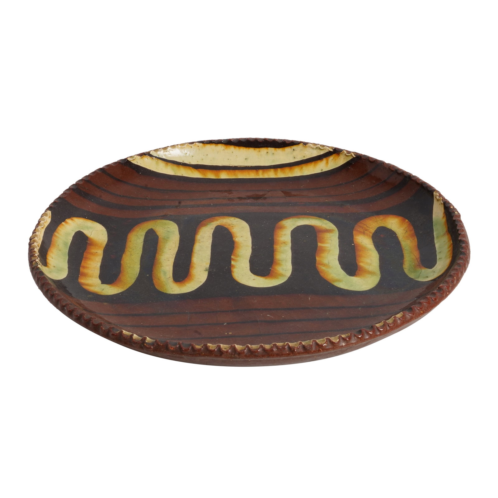 Manner of Bernard Leach Large slipware pottery circular dish with piecrust rim with scroll design (1 of 2)