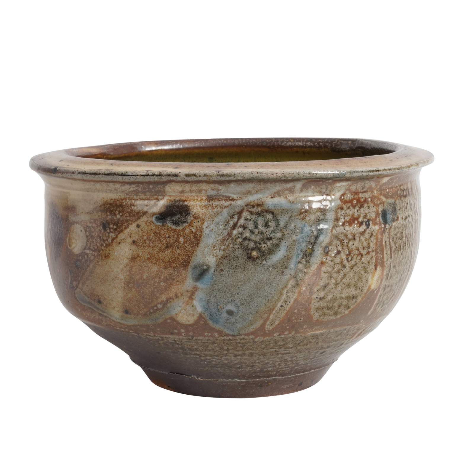 Michael (Mick) Casson (British 1925-2003) Large squared bowl or planter with blue and brown abstract: Saltglazed stoneware Impressed 'MC' seal to foot 25cm diameter, 14cm high