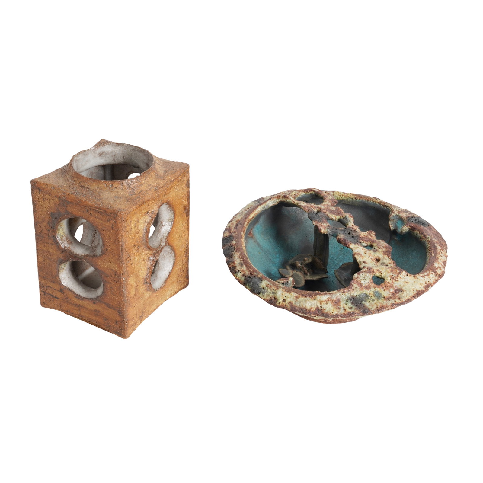 Sheila Fournier (British 1930-2000) and Robert Fournier (British 1915-2008) Studio pottery: Sheila Fournier stoneware square vase with two circles cut from each side, impressed 'SF' seal, 11cm high, and a Robert Fournier sculptural bowl modelled with frogs to the interior, stamped flower mar