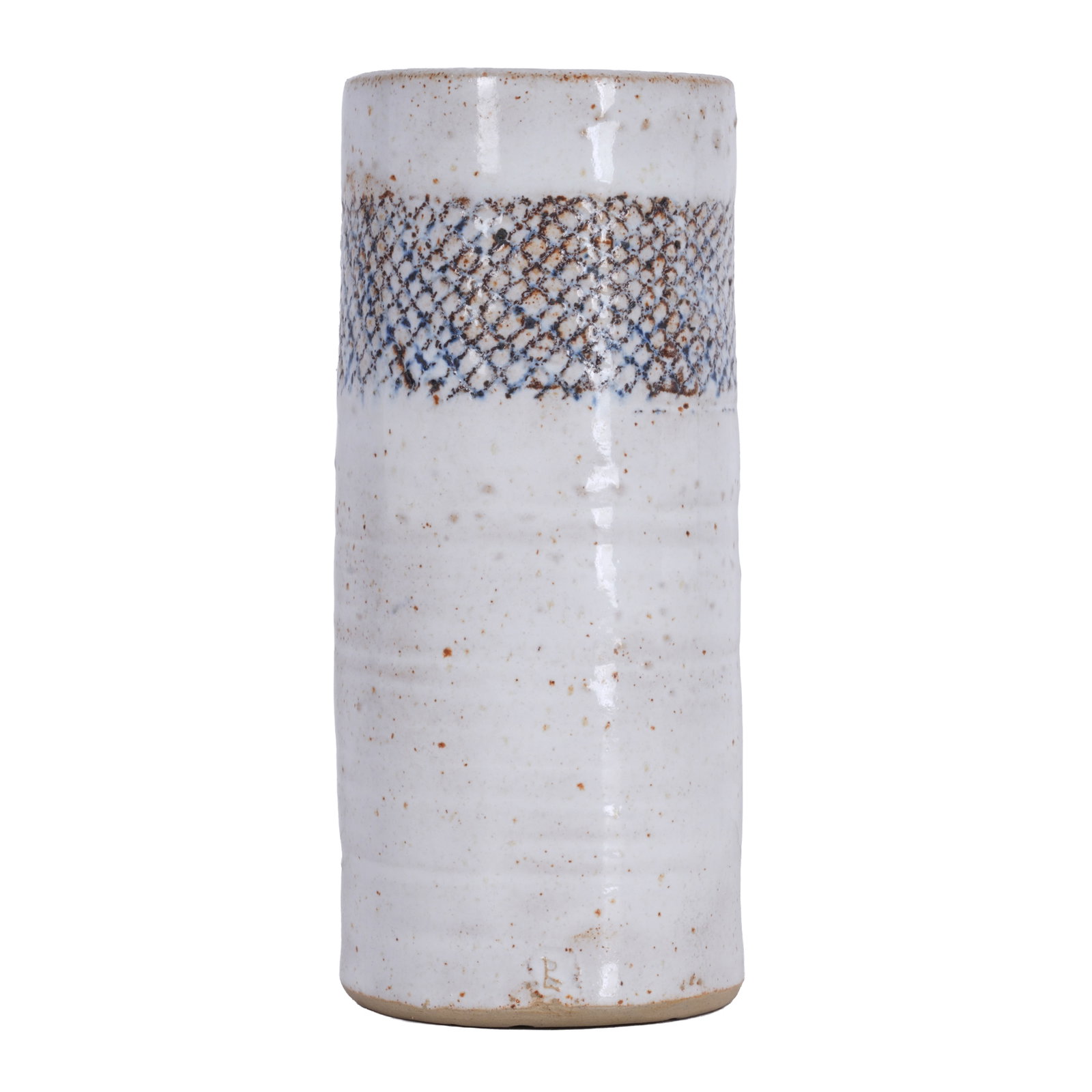 British Studio Pottery, bearing the seal of Lucie Rie Cylinder-form vase with band of cross hatching: Glazed earthenware 'LR' seal to the lower side of the vessel 16cm high Provenance: Inherited from an estate which included confirmed works by Lucie Rie. The owner reputedly made visits to the studio o