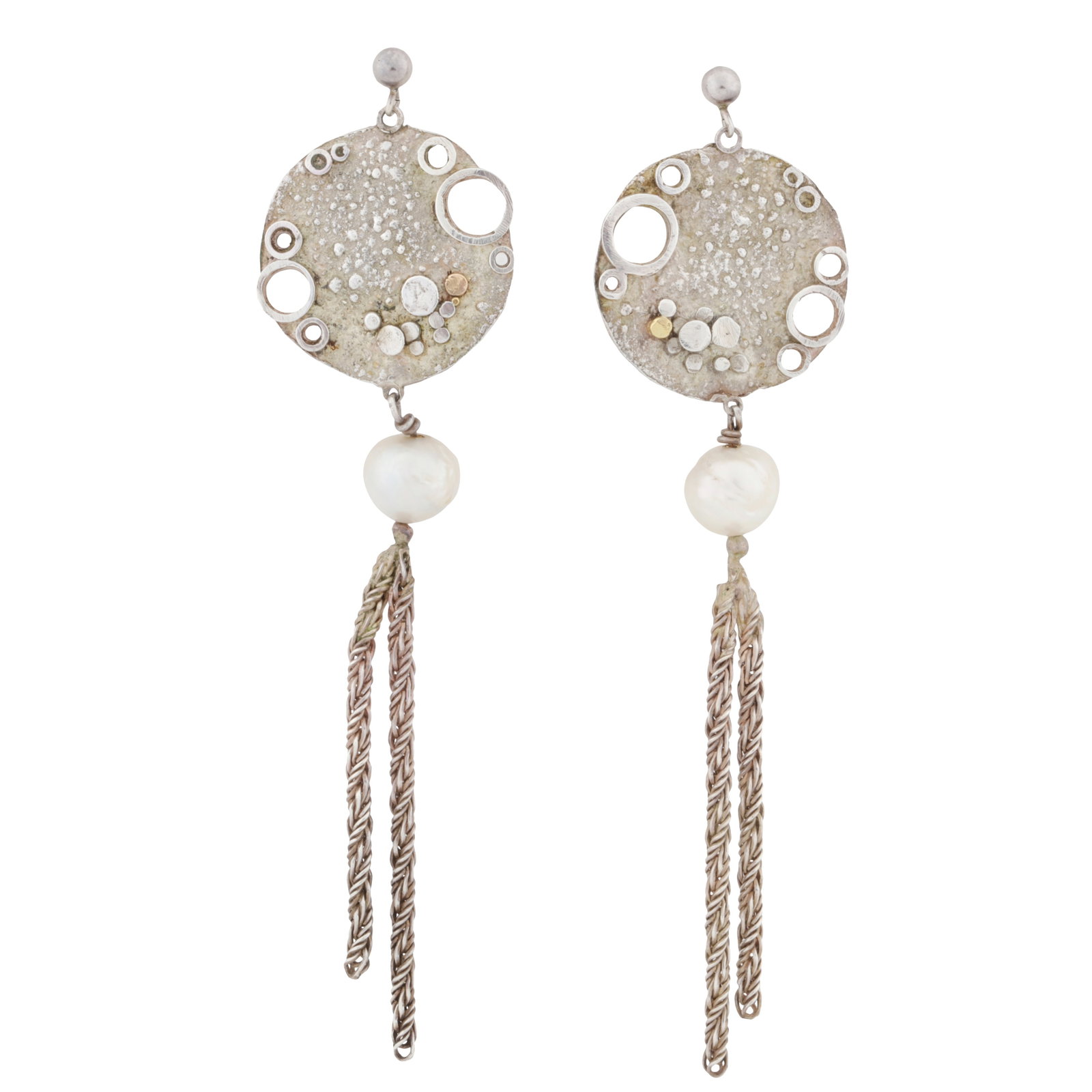 Gerda Flockinger (Austrian-British b.1927) Earrings of circular textured form with tassels: Silver, seed pearl Unsigned 6cm approx drop