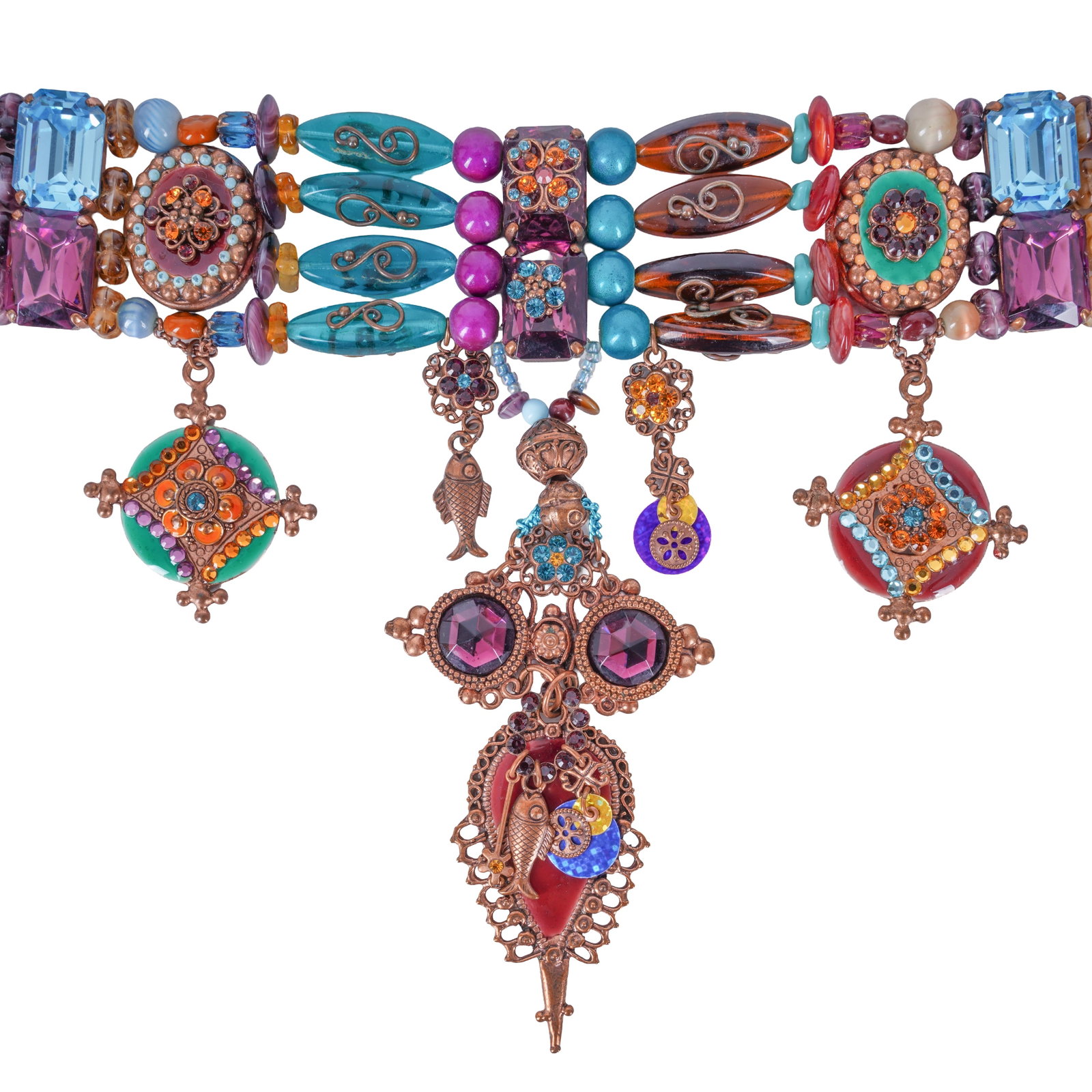 Liberty, London Beaded Pendant Necklace: 2000s Together with a Les Gens du Sud chocker The pendant with with silvered thread, paste insets, enamelled and metal appliques, bound with a metal twined velvet ribbon, Liberty ribbon to the back; t