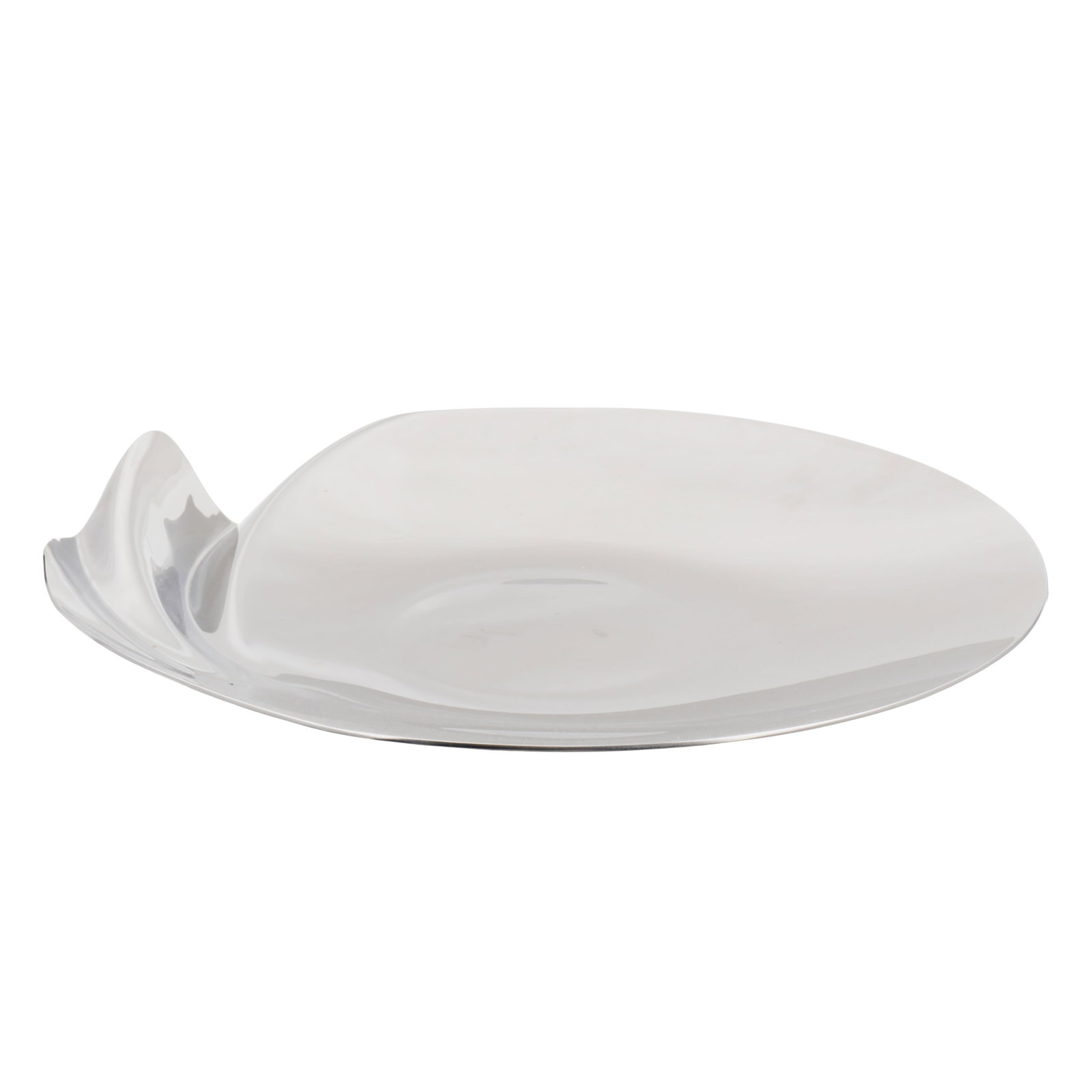 Zaha Hadid (Iraqi-British, 1950-2016) 'Serenity' platter: Designed 2016 Polished stainless steel Stamped 'Zaha Hadid Design' to underside, in original box 40cm diameter