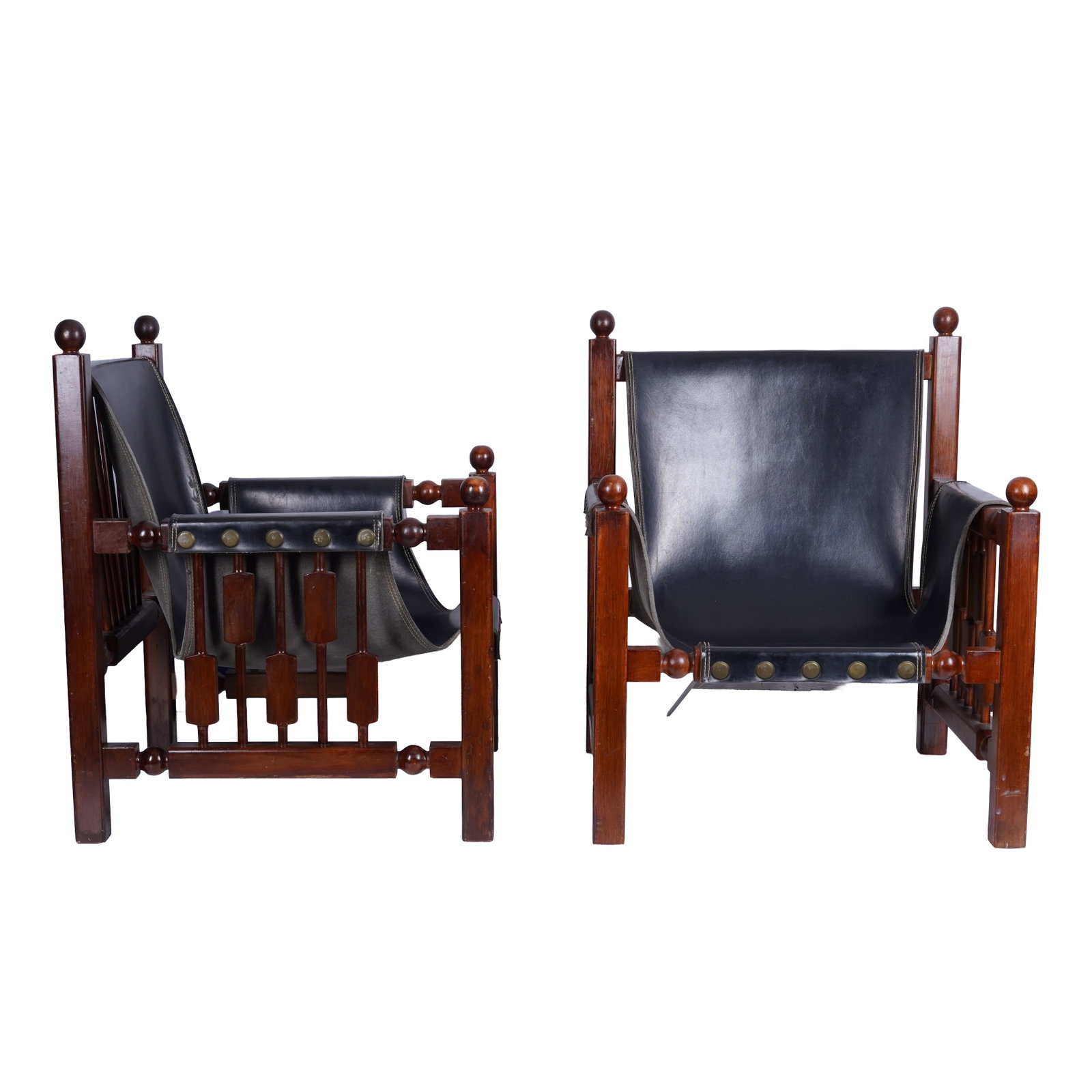Paco Mu?oz (Spanish XX) for Darro Pair of Armchairs: 1990 Leather, stitching, lacquered wood, metal studs 78cm high x 63cm wide x 65cm deep