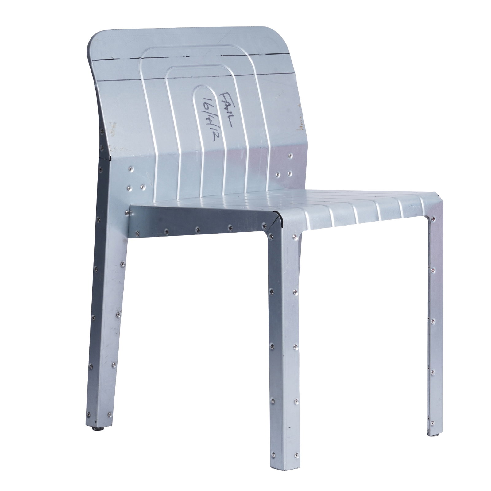 Tom Dixon (British b. 1959) Prototype 'Stamp' chair: Manufactured by Trumpf for Salone Internozianale Del Mobile Milan, 2012 Punched and folded steel Stamped 'Tom Dixon' and 'Trumpf' to reverse, dated 16/4/12 and inscribed 'Fail' 76cm high x 50cm wide x