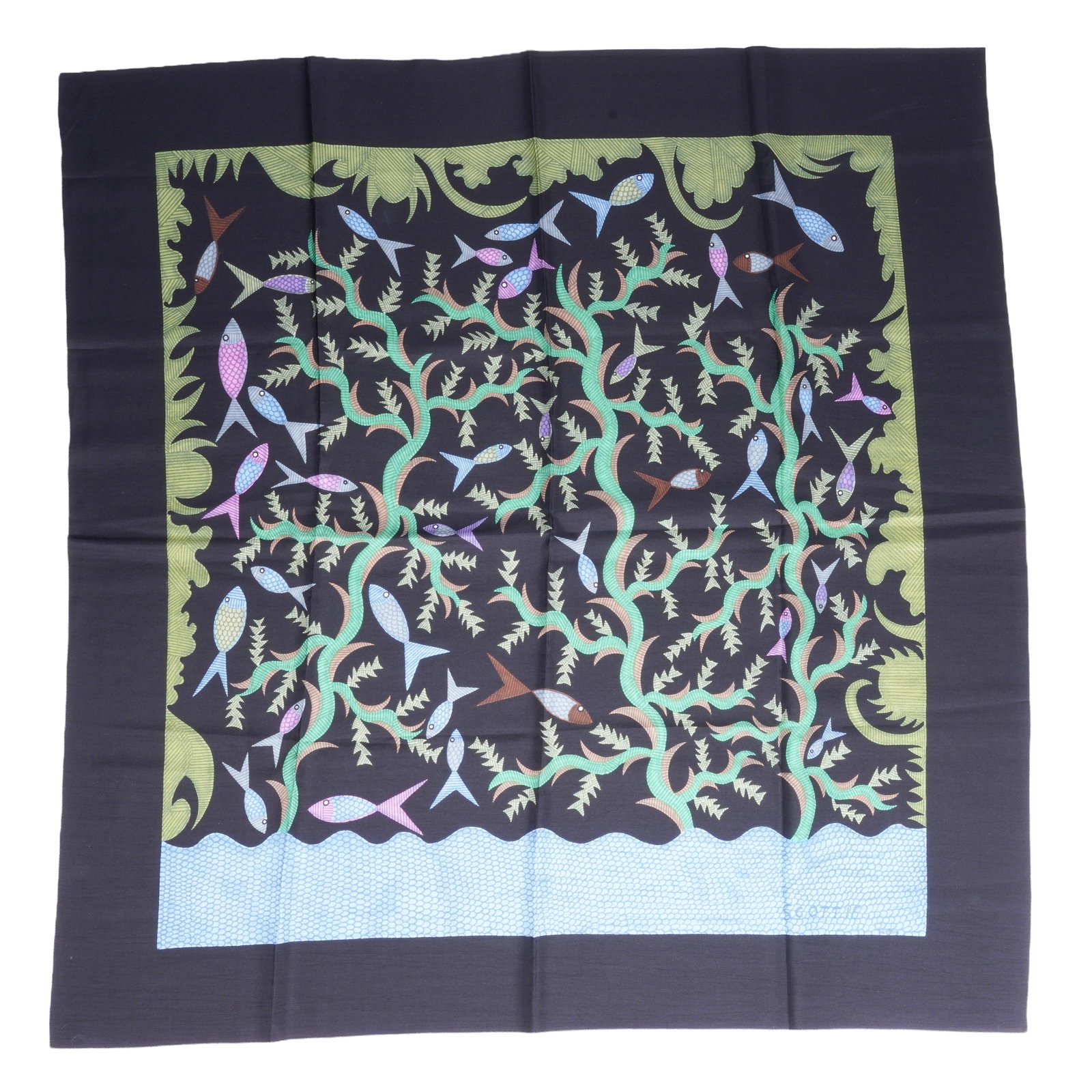 Scottie Wilson (British 1891-1972) for Ascher 'Underwater Garden-Fish' screenprint, limited edition: Screenprint on silk Signed 'SCOTTIE' in the silk and numbered lower right Printed design: 72cm x 69cm, Silk square: 89 x 87cm unframed