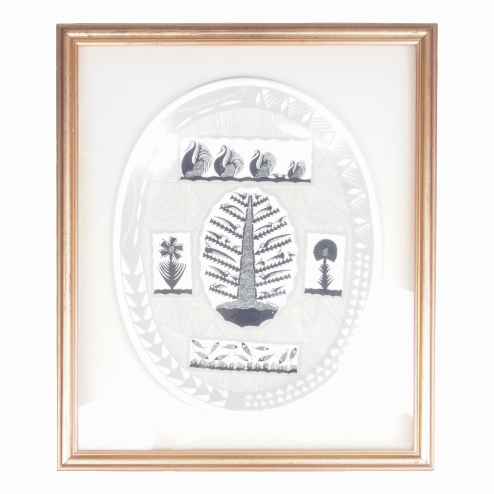 Scottie Wilson (Scottish, 1891-1972) Oval charger decorated with stylised fish, swans and trees: Circa 1958-1963 Earthenware, transfer-printed enamel decoration, mounted within a box frame Signed to the print 'SCOTTIE', frame stamped verso for Fieldborne Galleries, St Johns Wood, London Plate: 35