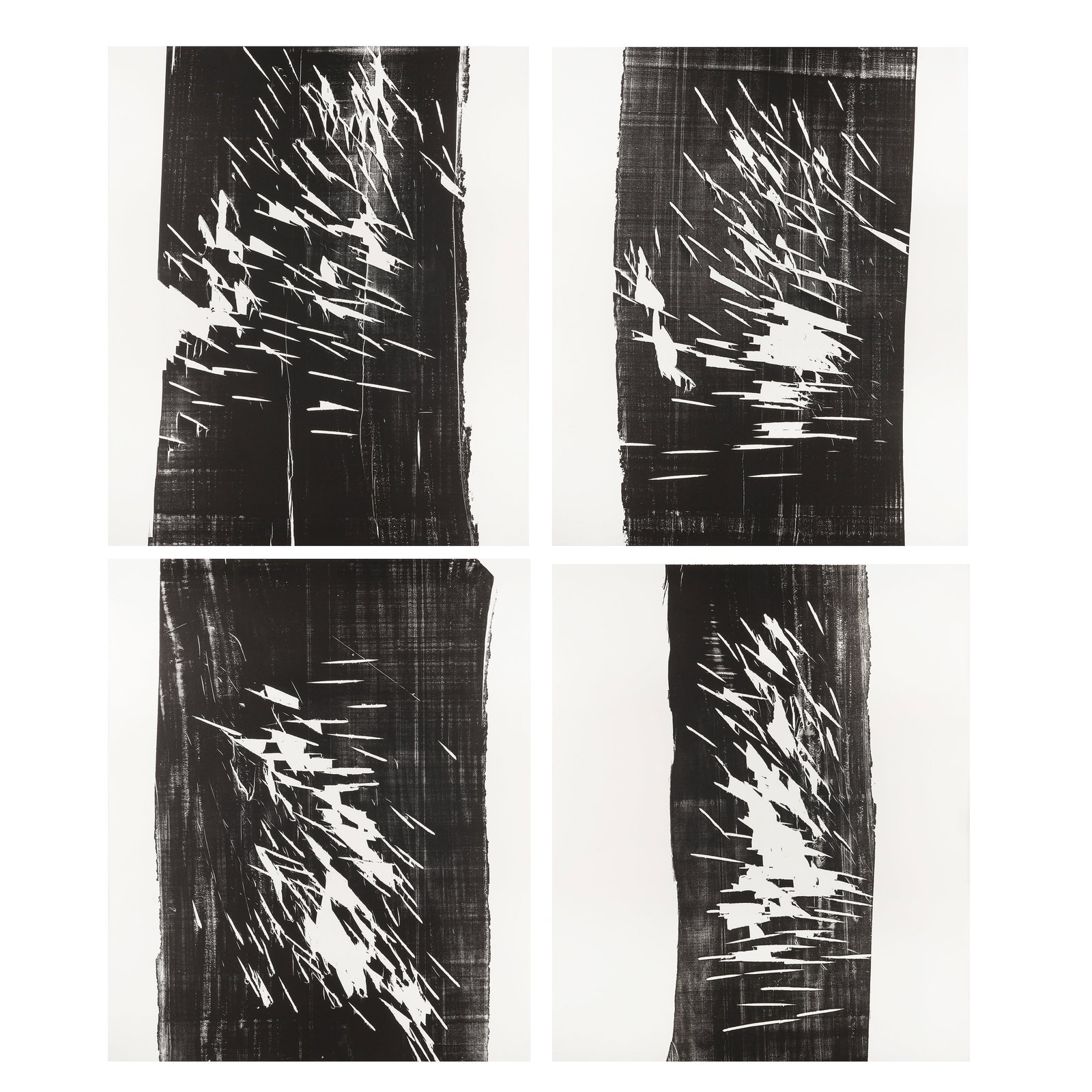 ? Jeremias Altmann (Austrian, Contemporary) Woodcut With The Axe (tetraptych): ca.2017 four woodcuts on wove framed ARR Size:(each sheet 90 x 75cm) Qty: (4) Provenance: The Auction Collective & Presenza, Abstract: Reality, 13th December 2018, Lot 38, with label frame verso