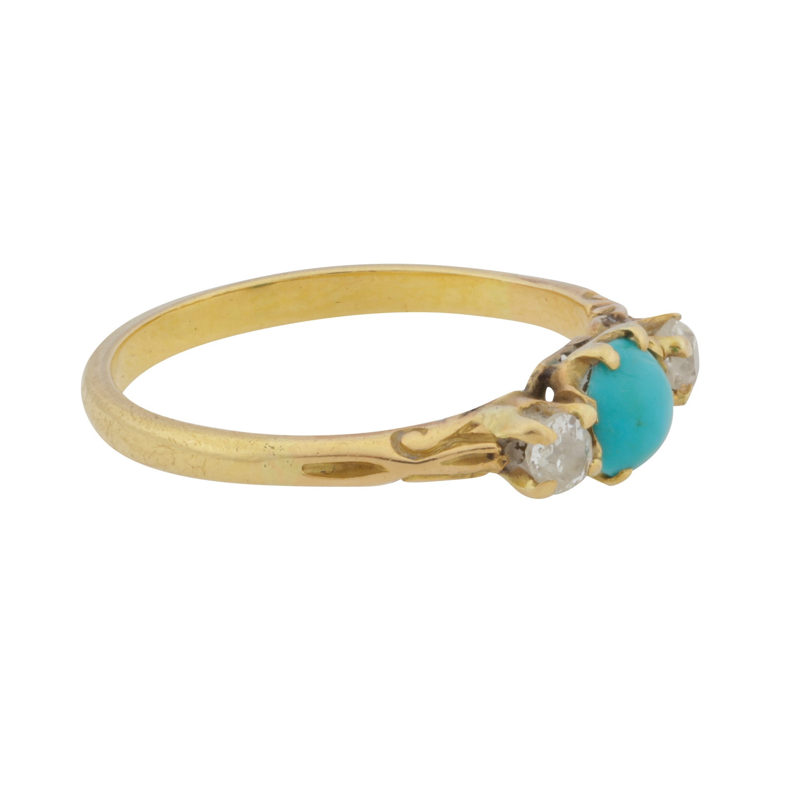 A turquoise and diamond three stone ring Yellow metal - 2