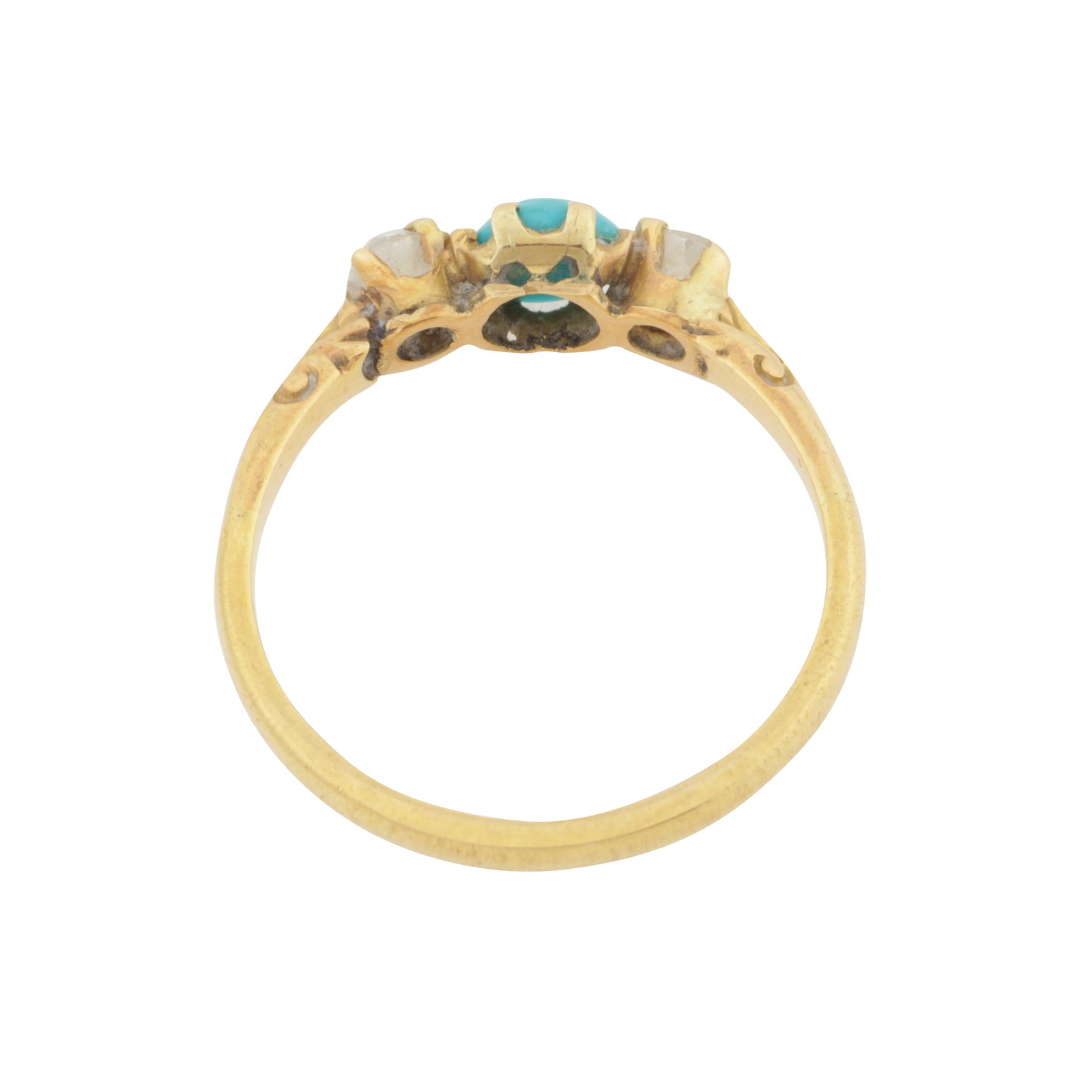 A turquoise and diamond three stone ring Yellow metal - 3