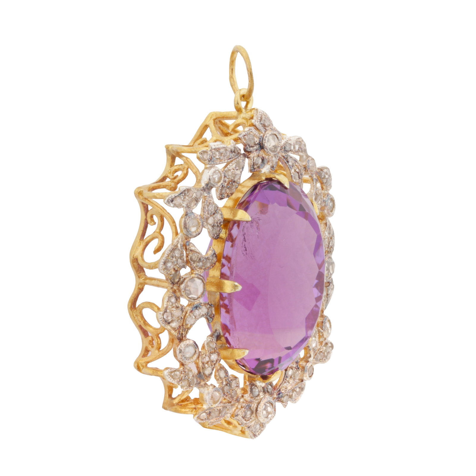 An amethyst and diamond pendant Yellow and white metal - 2